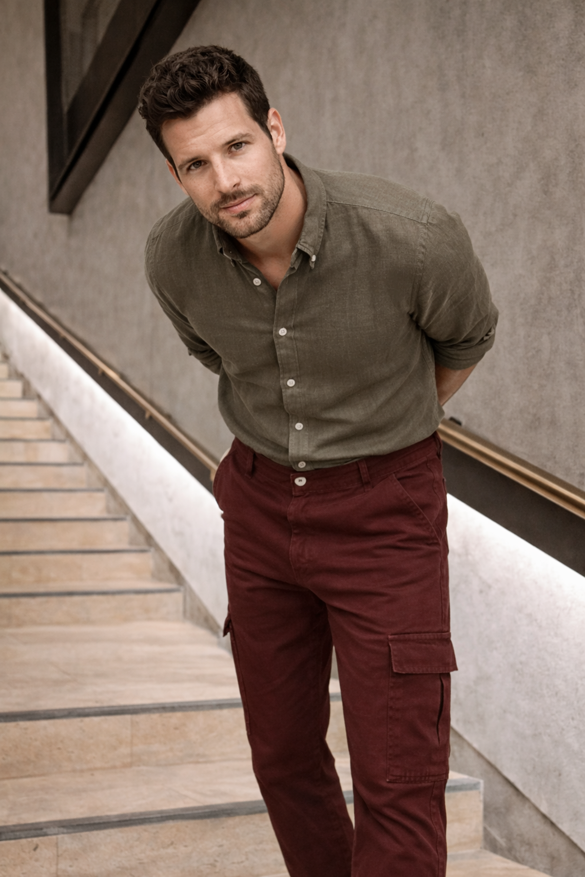 Erkek Yüksek Bel Bol Paça Kiremit Kargo Baggy Pantolon