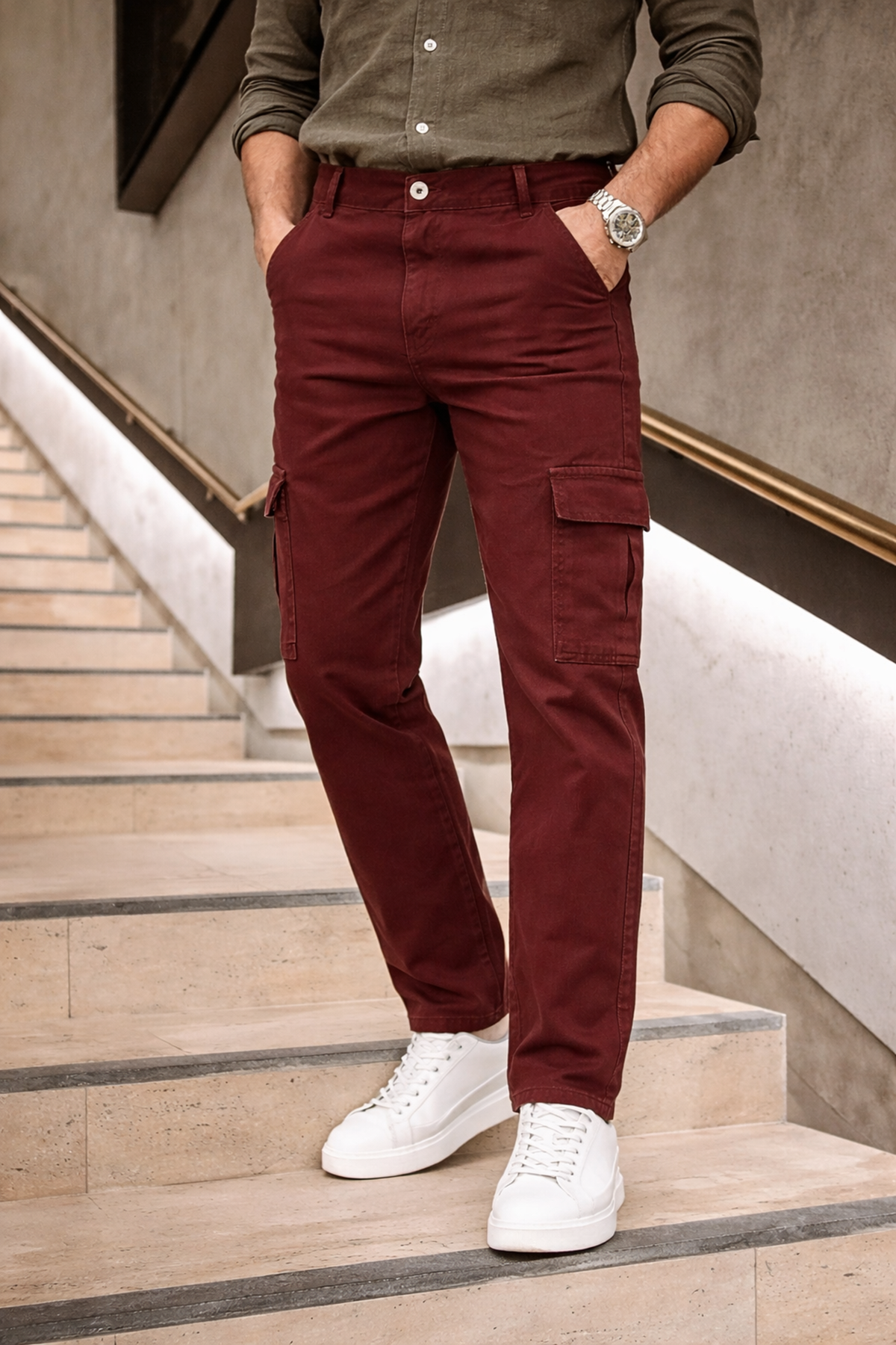 Erkek Yüksek Bel Bol Paça Kiremit Kargo Baggy Pantolon