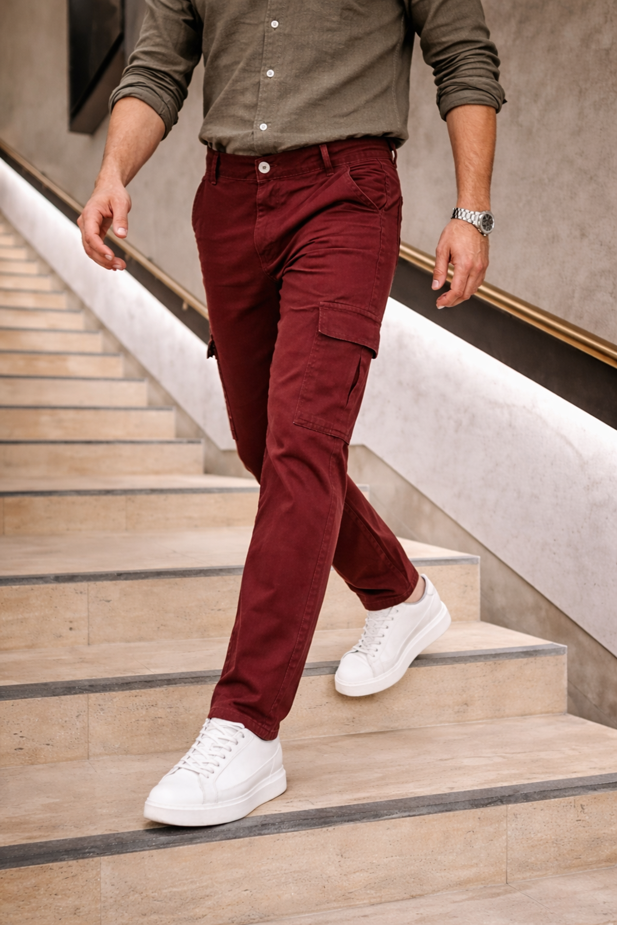 Erkek Yüksek Bel Bol Paça Kiremit Kargo Baggy Pantolon