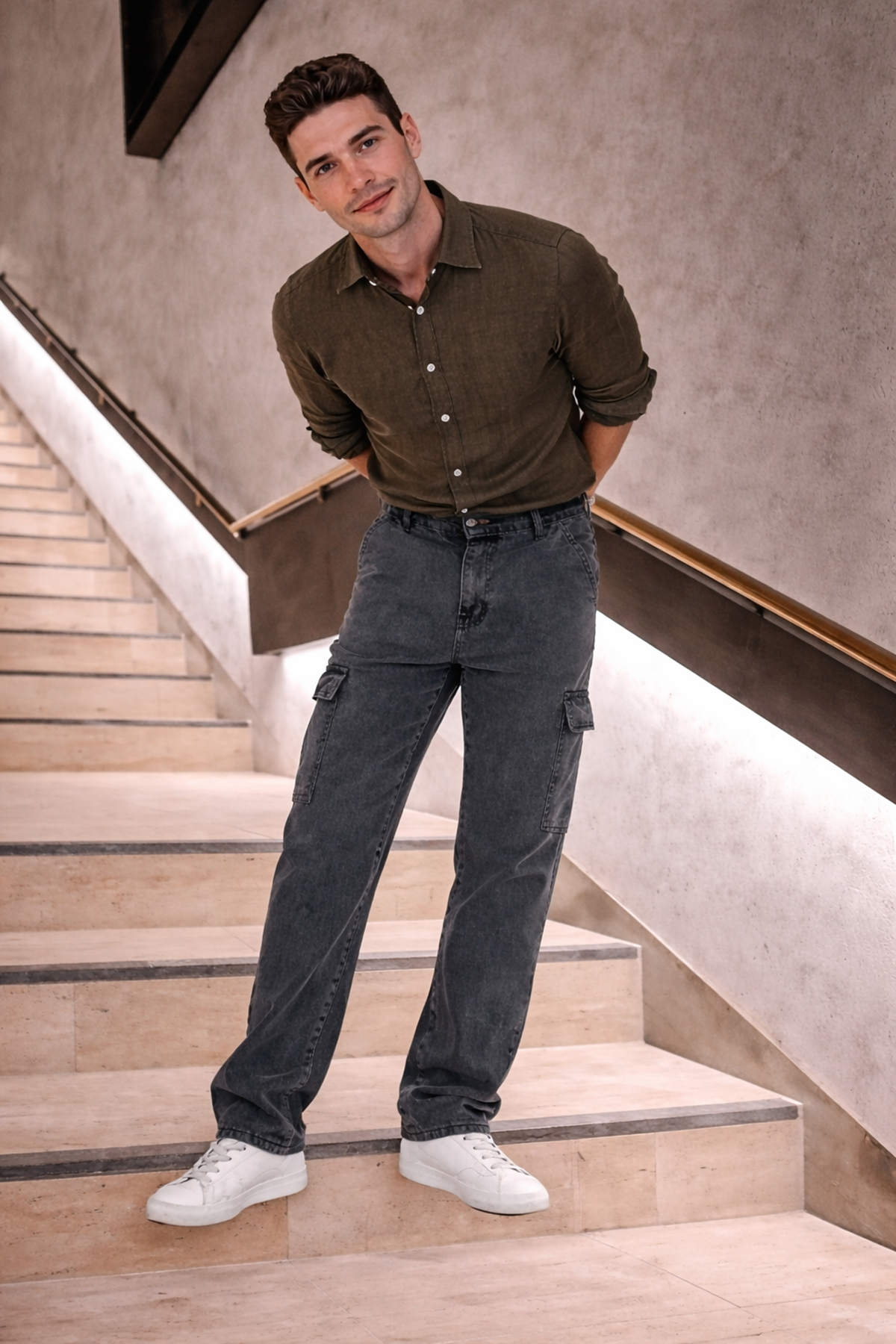 Erkek Yüksek Bel Bol Paça Antrasit Kargo Baggy Pantolon