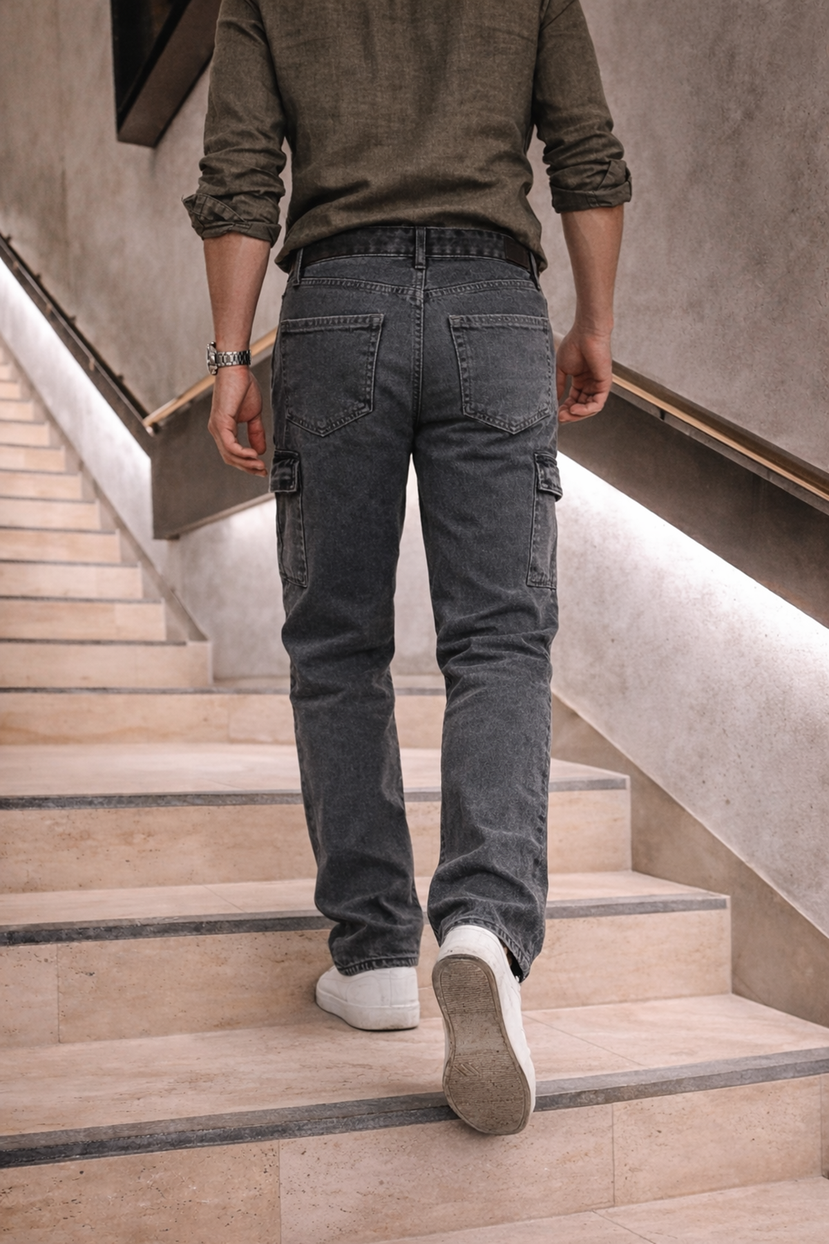 Erkek Yüksek Bel Bol Paça Antrasit Kargo Baggy Pantolon