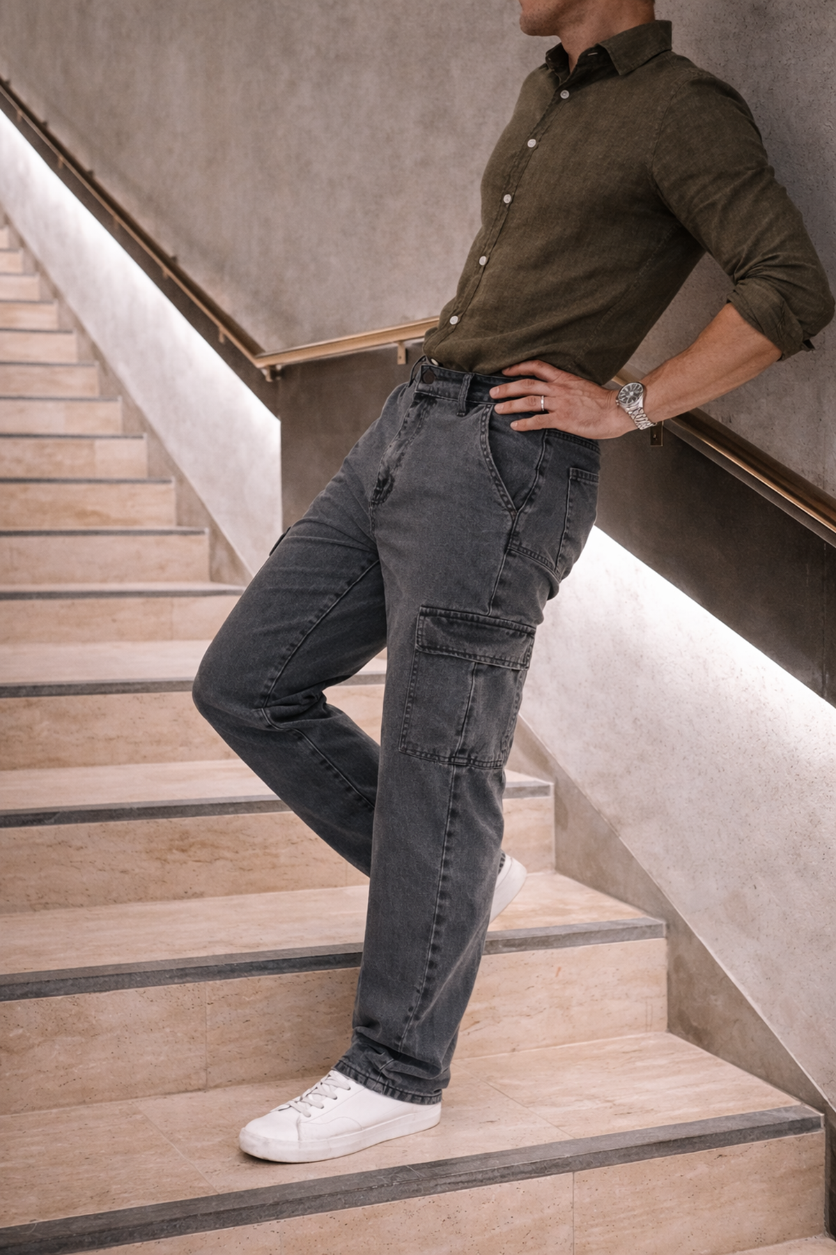 Erkek Yüksek Bel Bol Paça Antrasit Kargo Baggy Pantolon