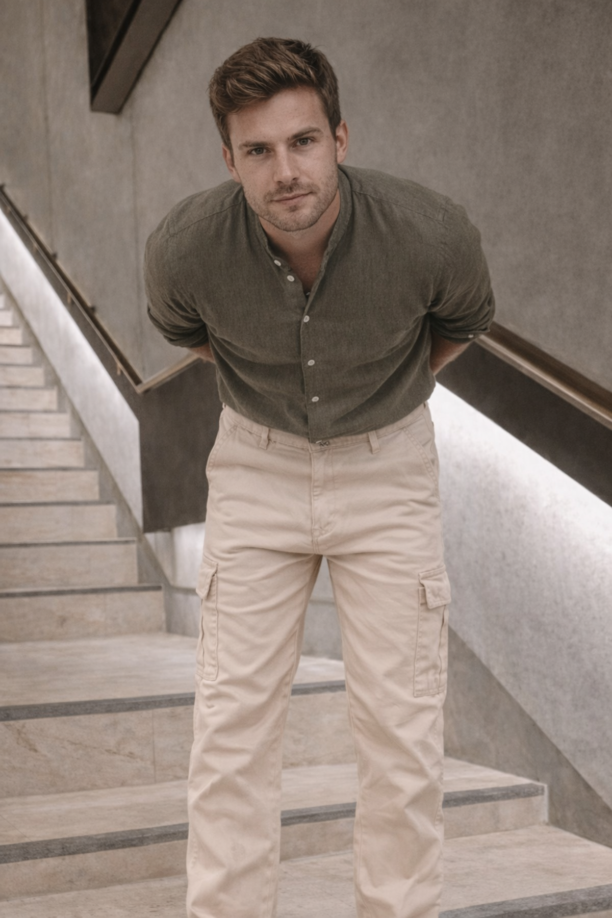 Erkek Yüksek Bel Bol Paça Bej Kargo Baggy Pantolon