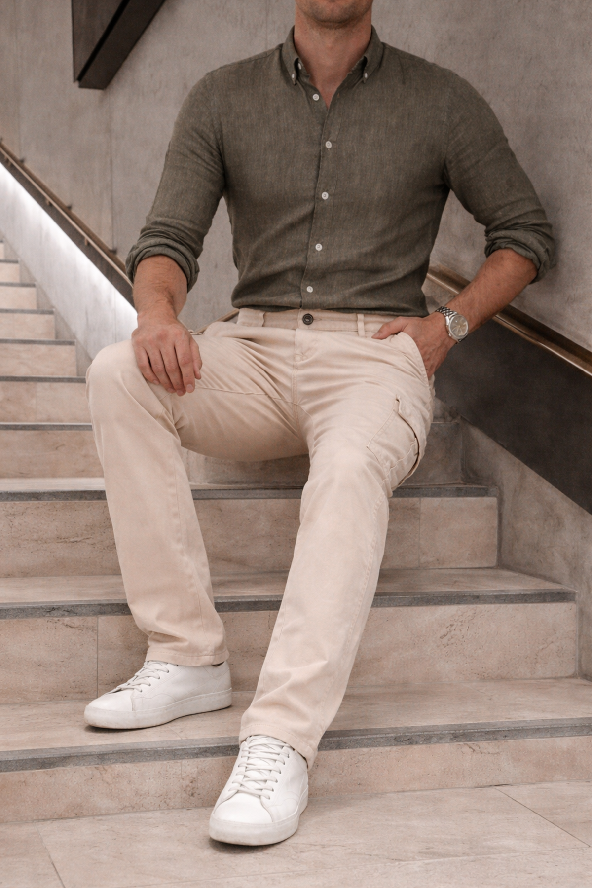 Erkek Yüksek Bel Bol Paça Bej Kargo Baggy Pantolon