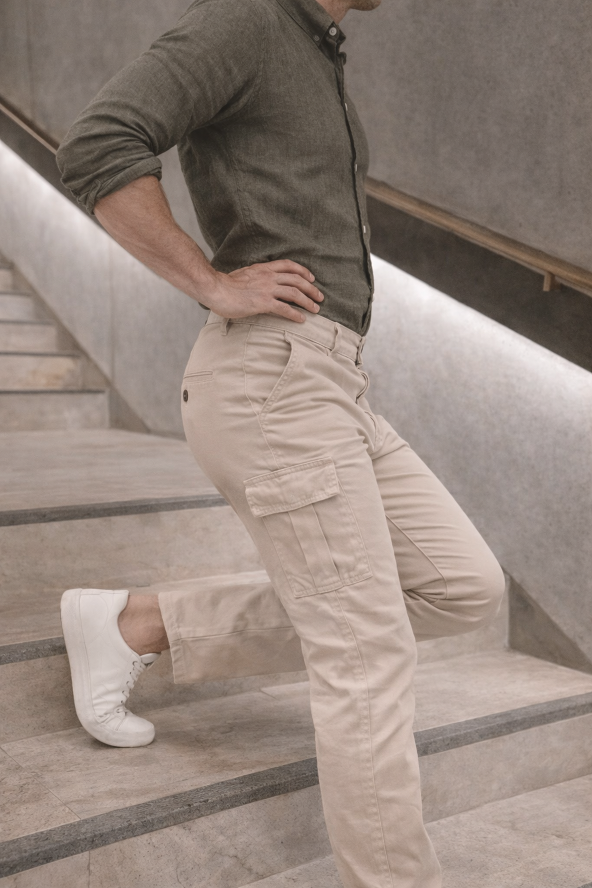 Erkek Yüksek Bel Bol Paça Bej Kargo Baggy Pantolon