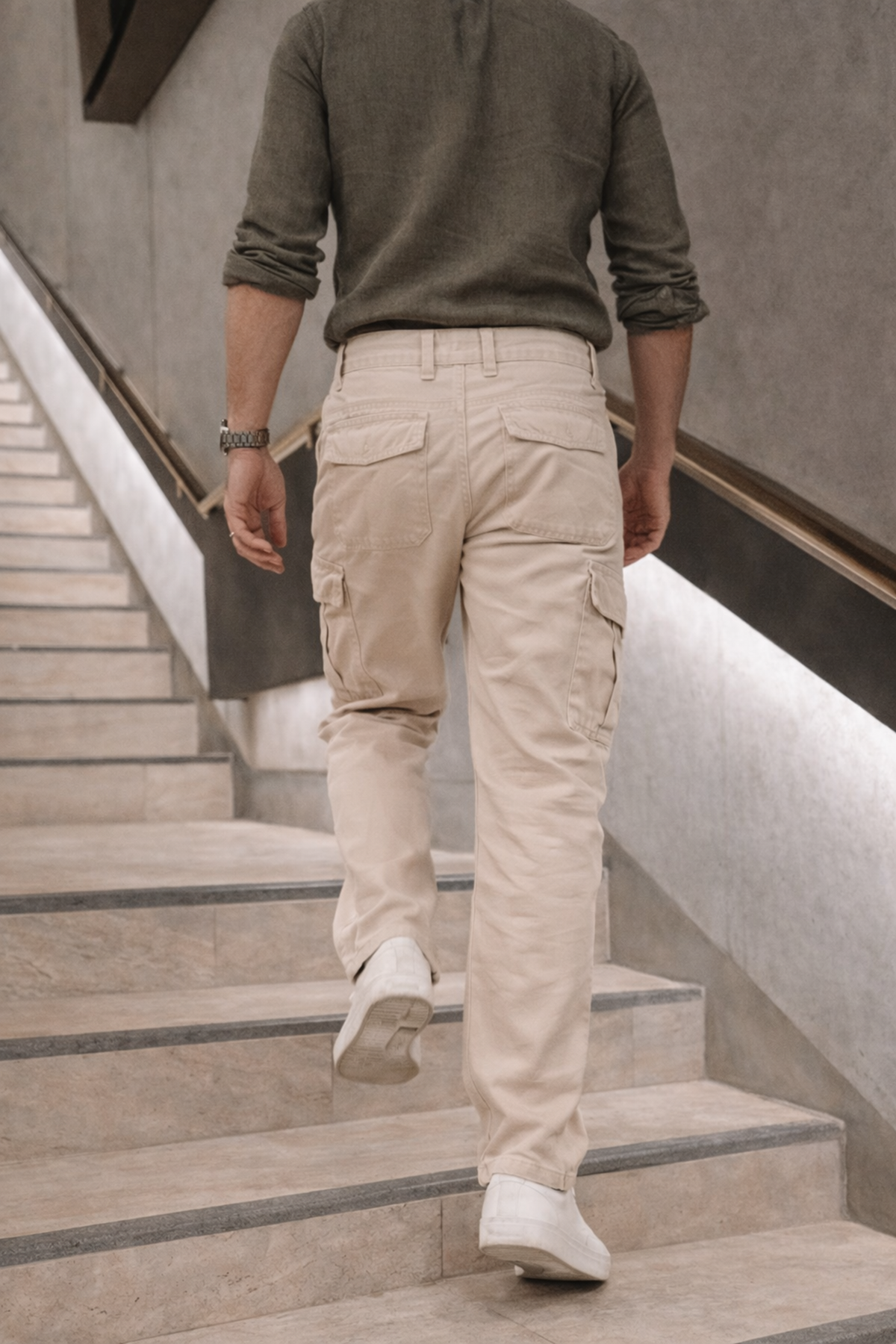 Erkek Yüksek Bel Bol Paça Bej Kargo Baggy Pantolon