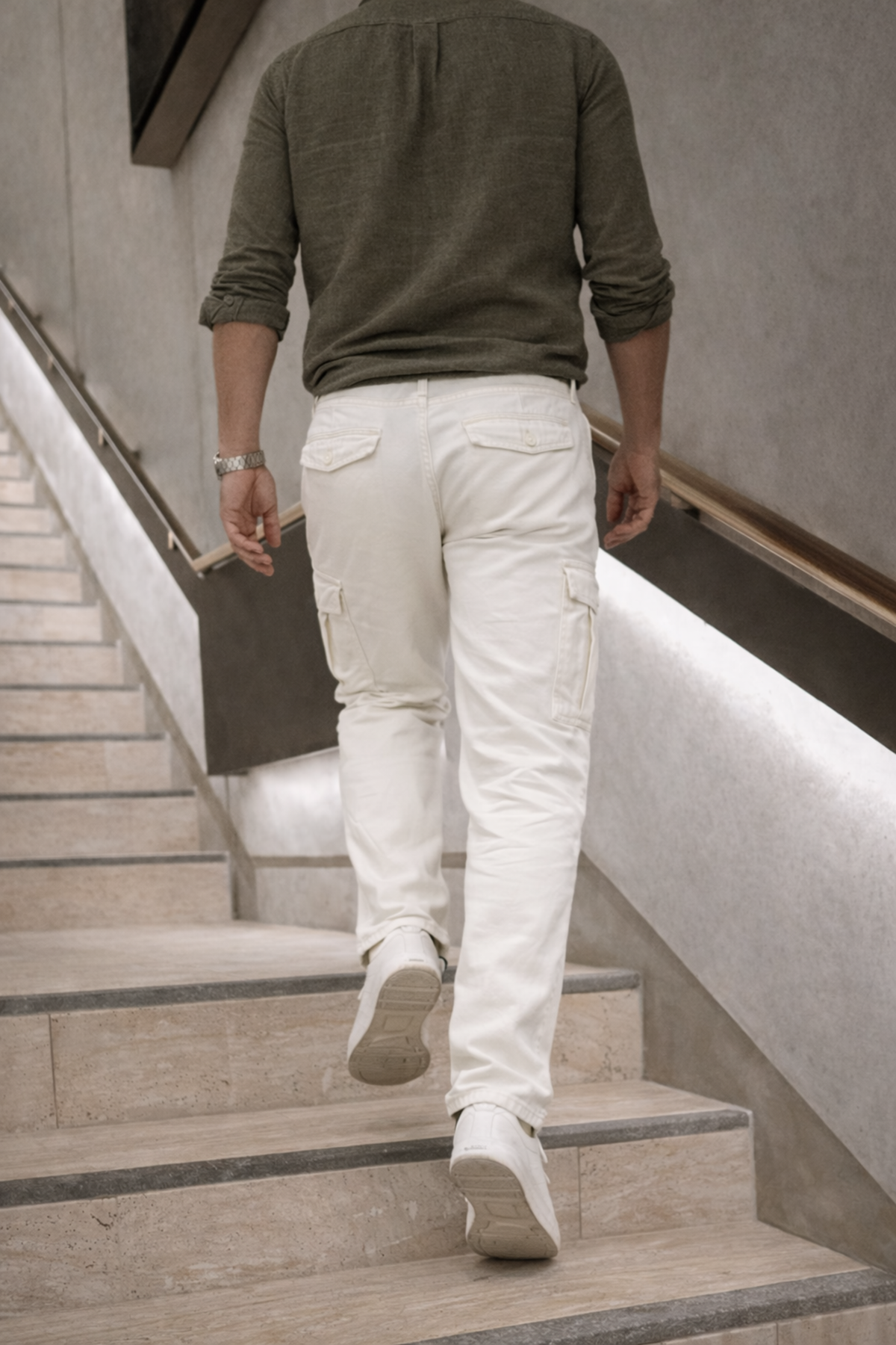 Erkek Yüksek Bel Bol Paça Beyaz Kargo Baggy Pantolon