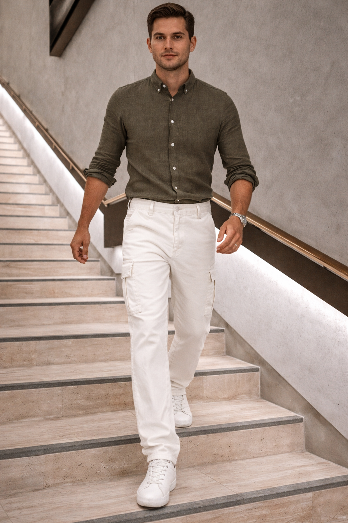 Erkek Yüksek Bel Bol Paça Beyaz Kargo Baggy Pantolon