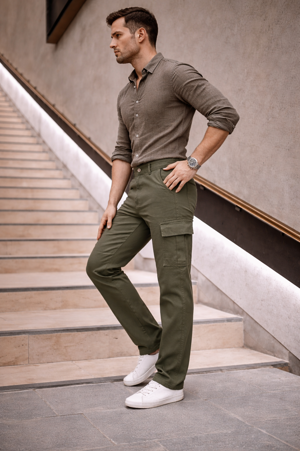 Erkek Yüksek Bel Bol Paça Haki Kargo Baggy Pantolon