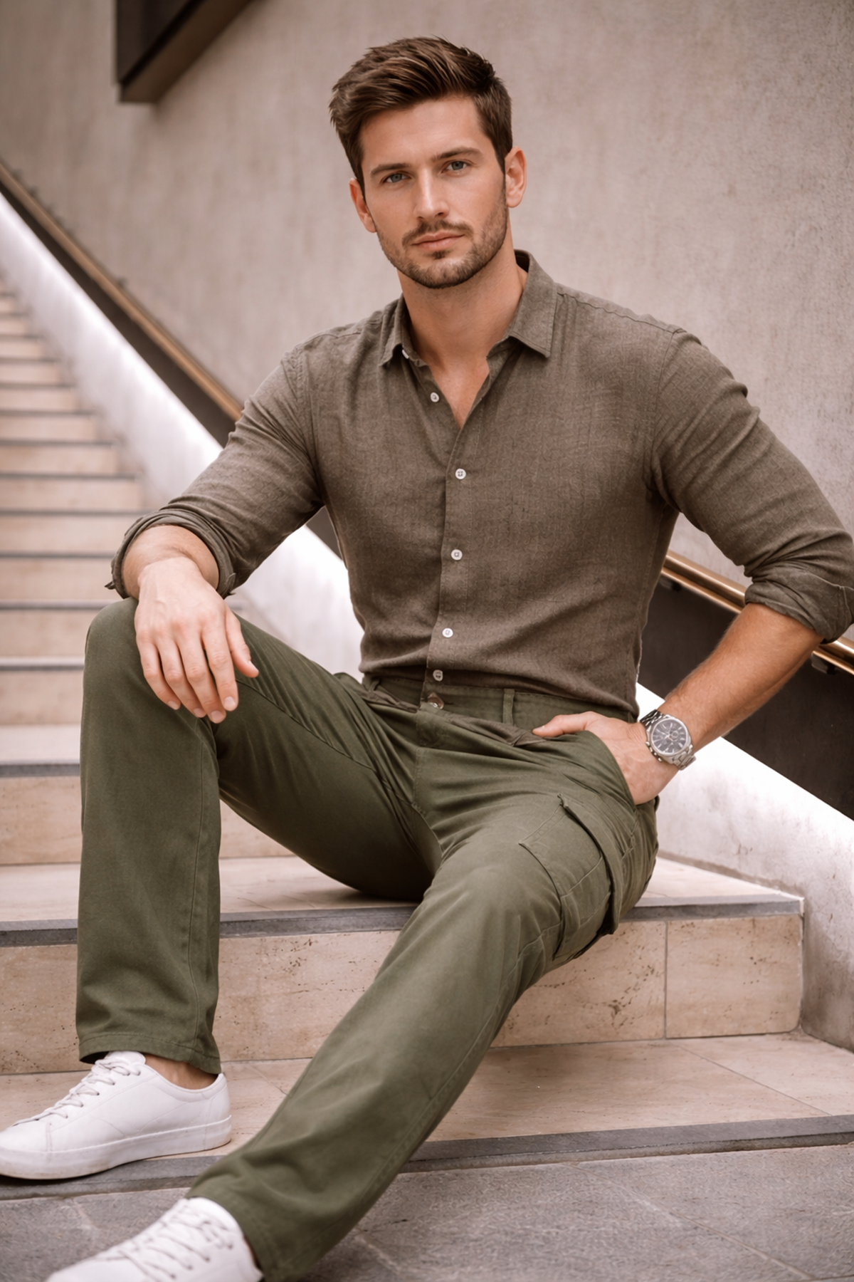 Erkek Yüksek Bel Bol Paça Haki Kargo Baggy Pantolon