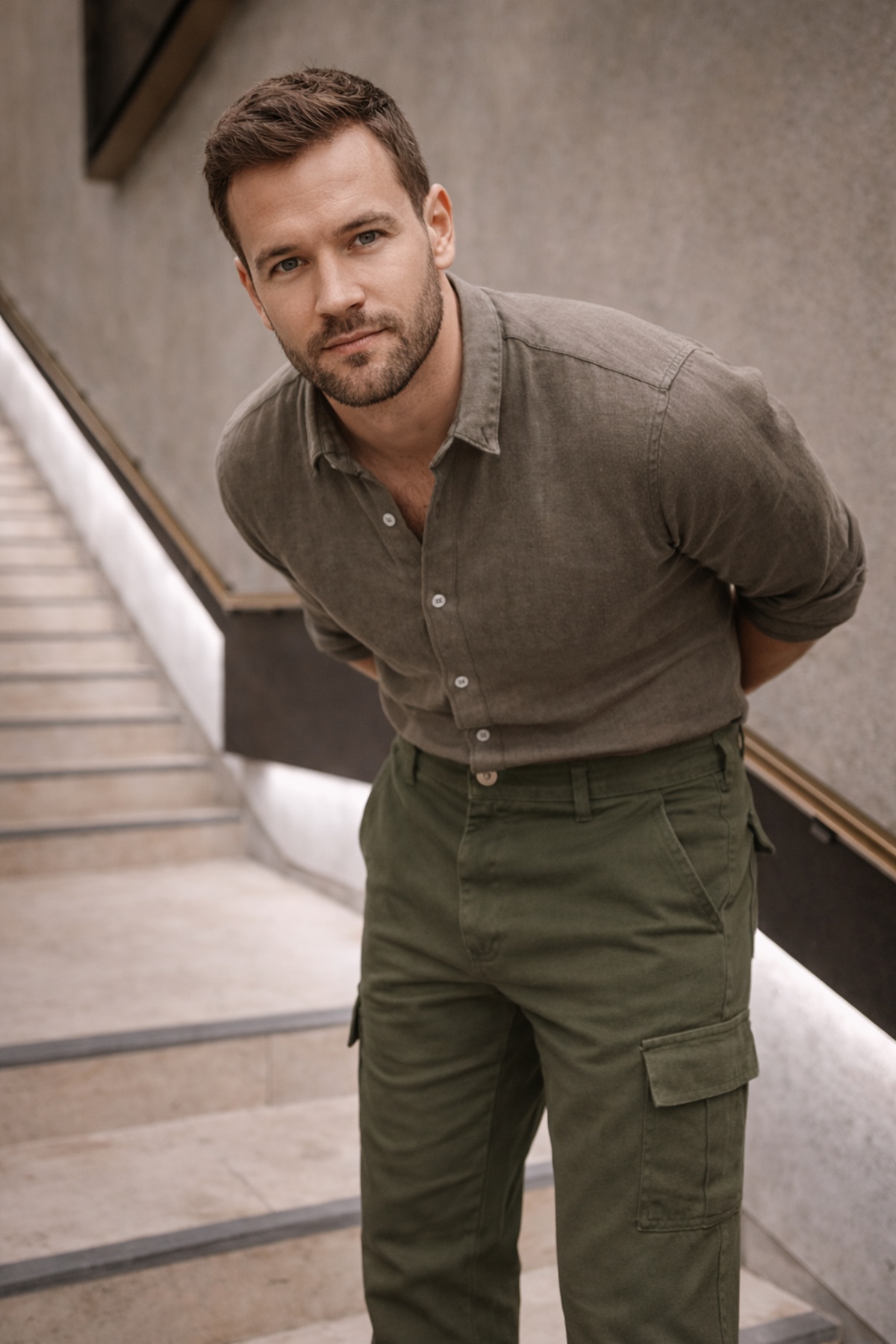 Erkek Yüksek Bel Bol Paça Haki Kargo Baggy Pantolon