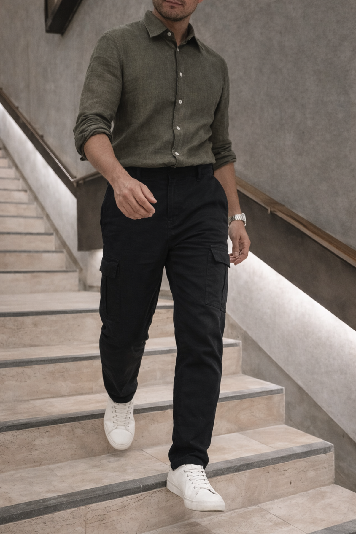 Erkek Yüksek Bel Bol Paça Siyah Kargo Baggy Pantolon