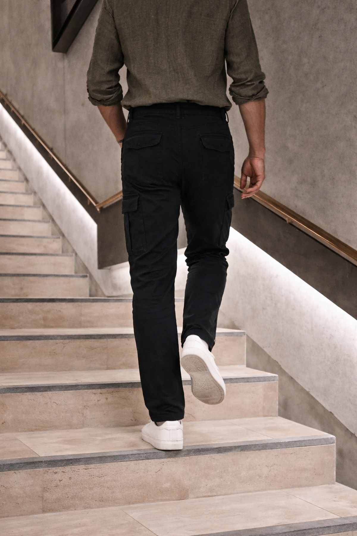 Erkek Yüksek Bel Bol Paça Siyah Kargo Baggy Pantolon