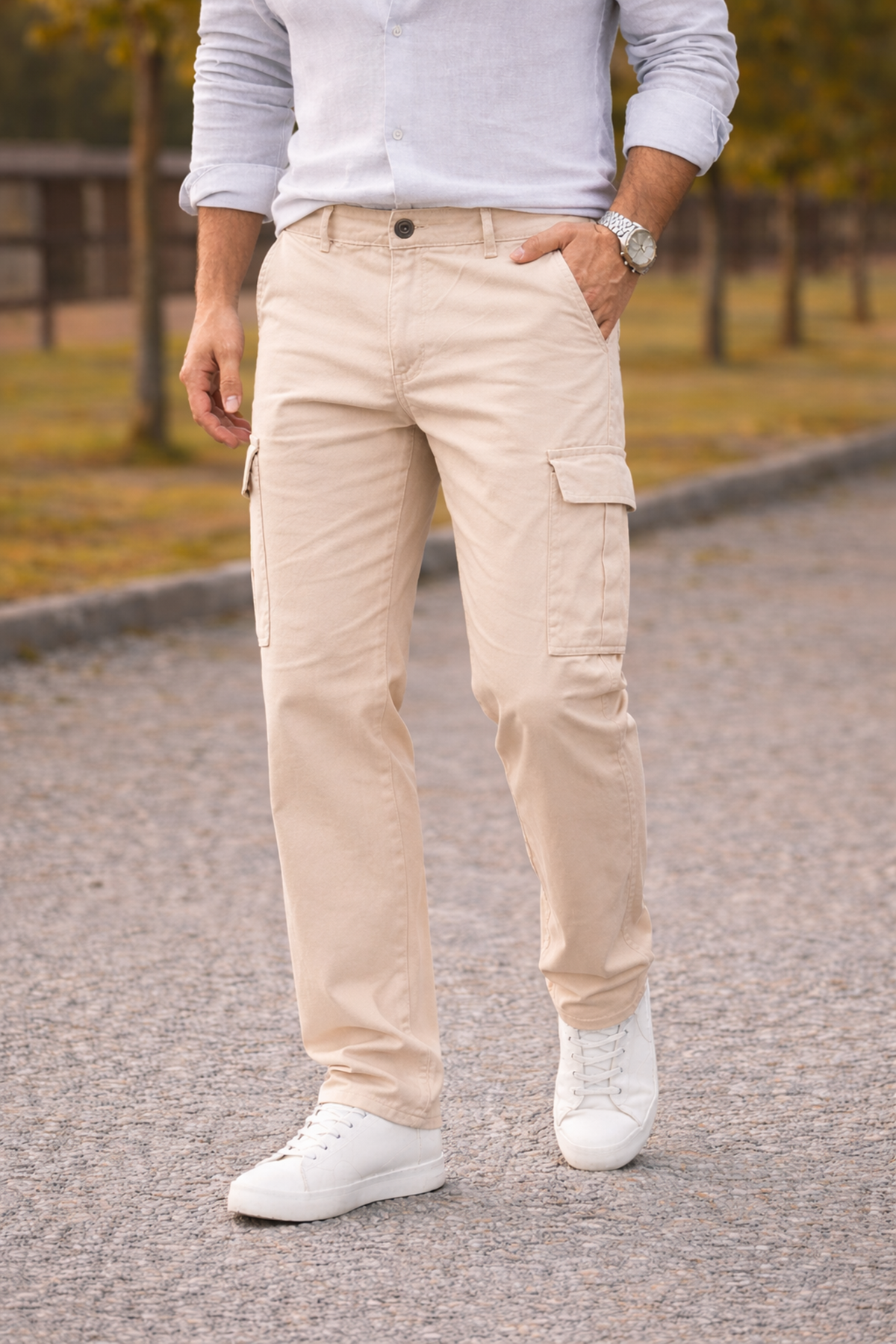 Erkek Premium Comfort Bej Kargo Baggy Pantolon