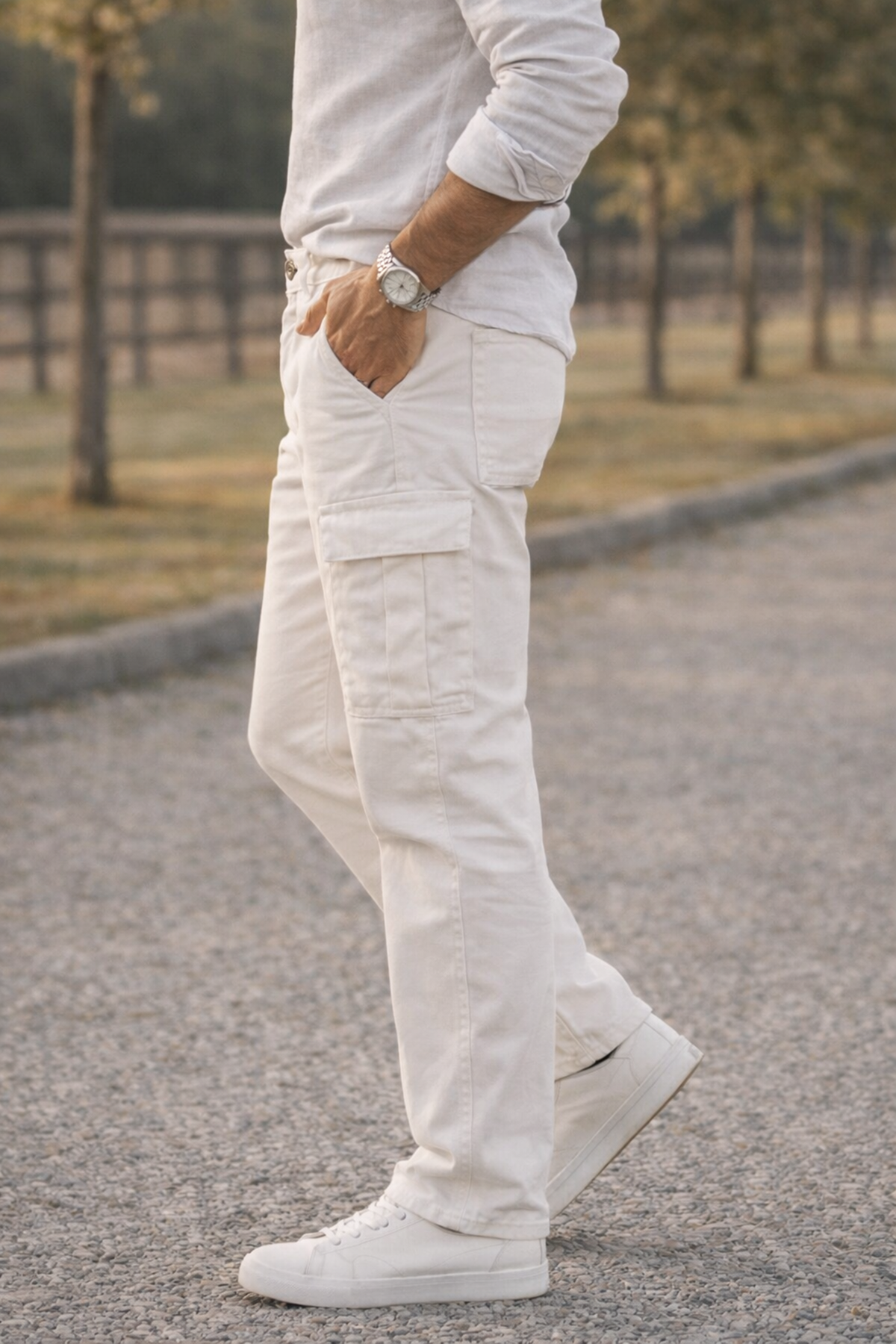 Erkek Premium Comfort Beyaz Kargo Baggy Pantolon