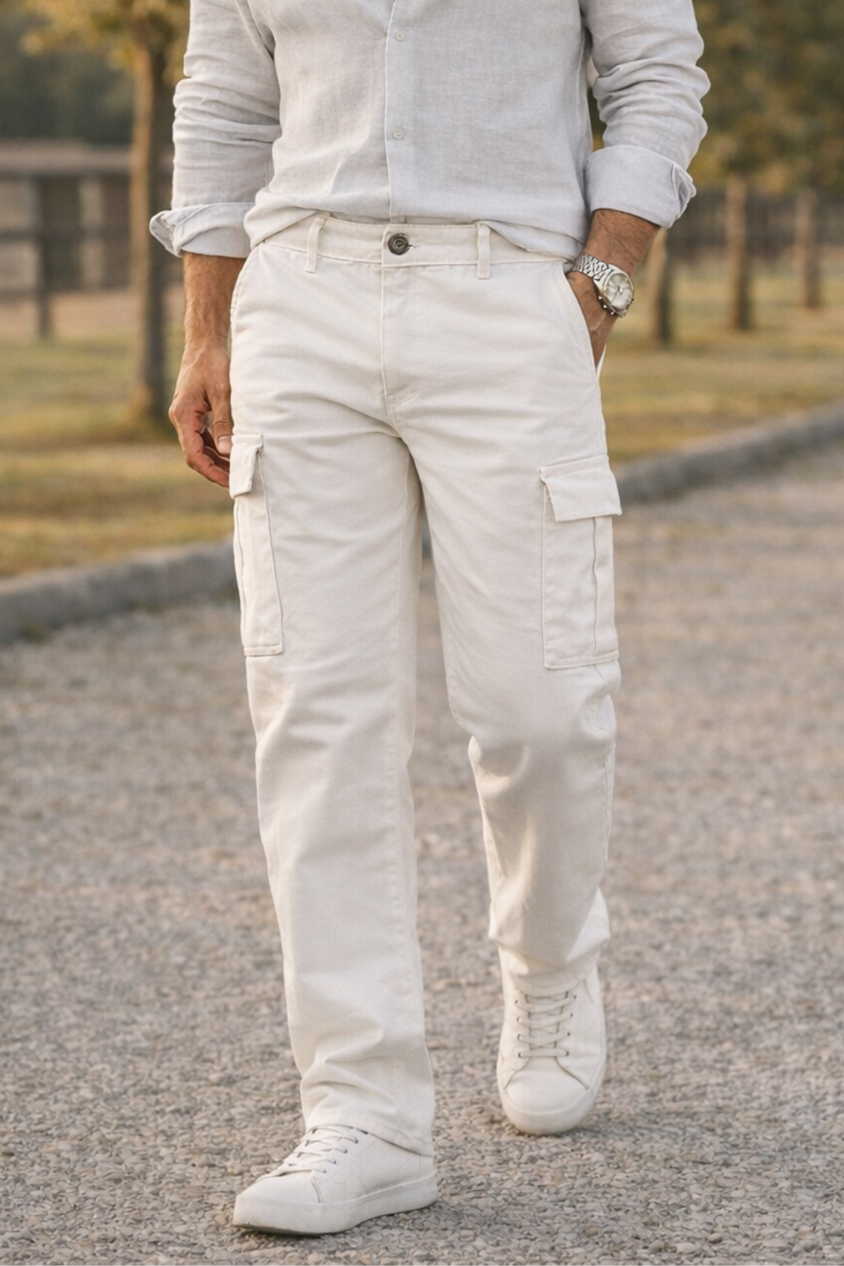 Erkek Premium Comfort Beyaz Kargo Baggy Pantolon