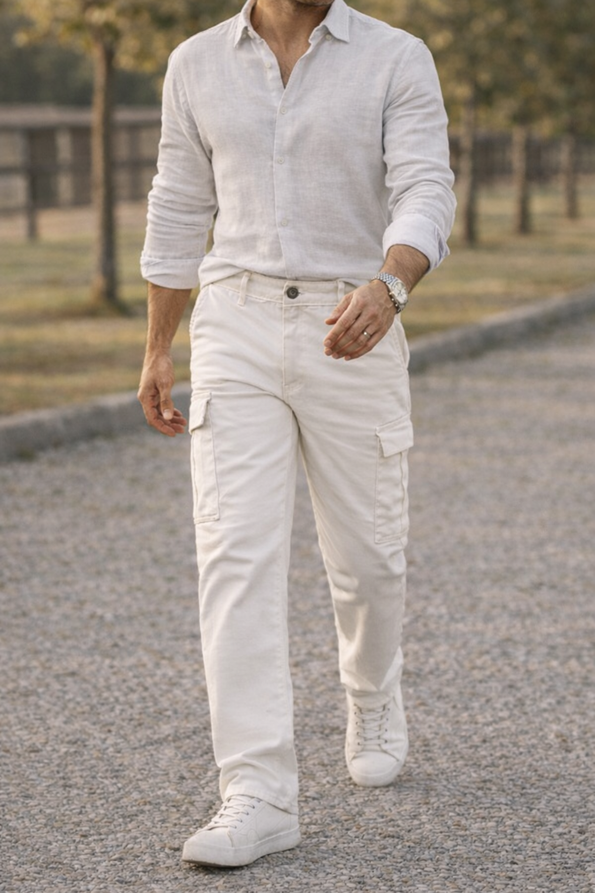 Erkek Premium Comfort Beyaz Kargo Baggy Pantolon