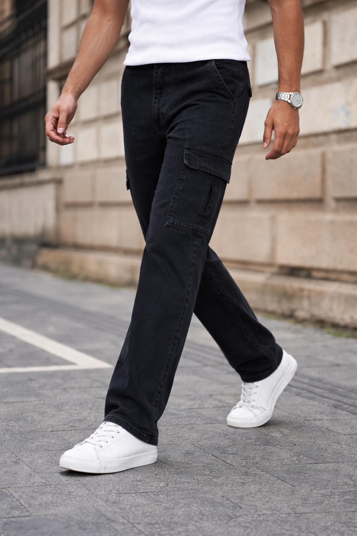 Erkek Kargo Cepli Pamuklu Füme Baggy Pantolon