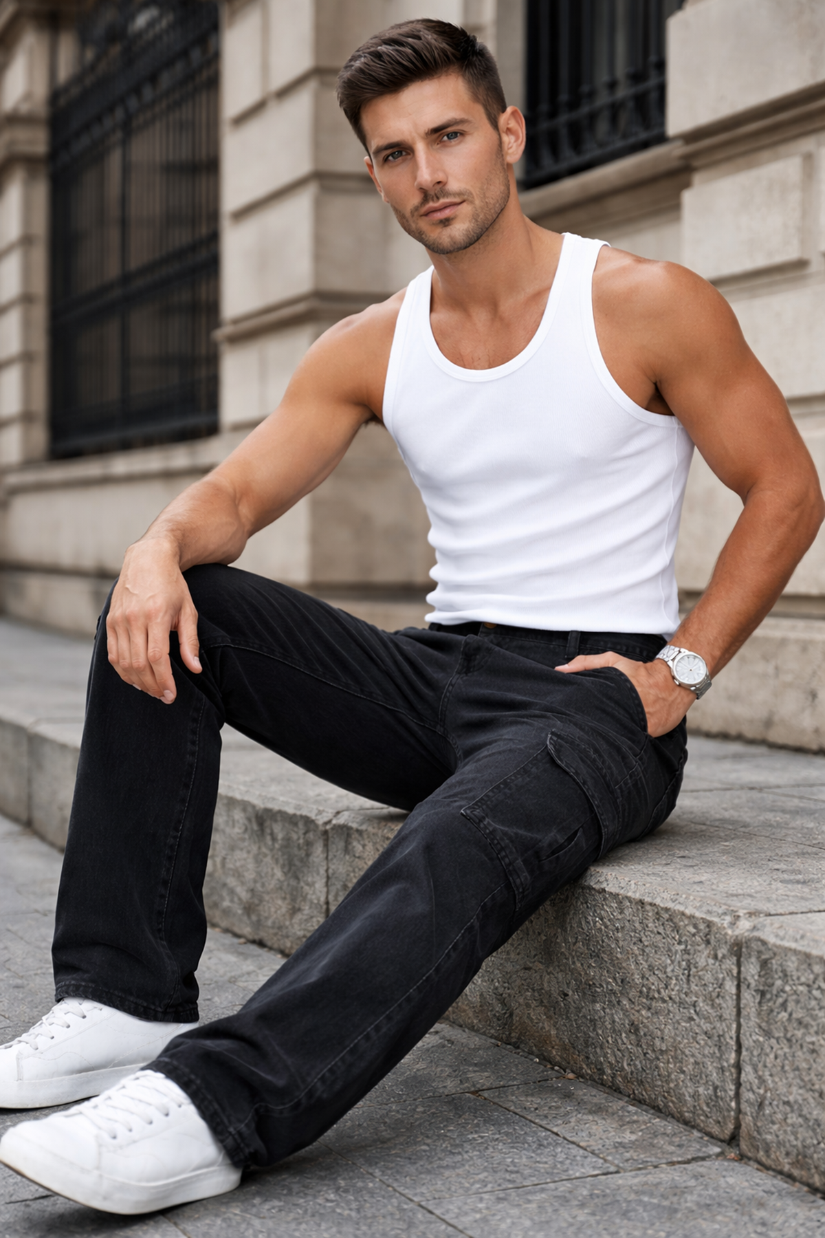 Erkek Kargo Cepli Pamuklu Füme Baggy Pantolon