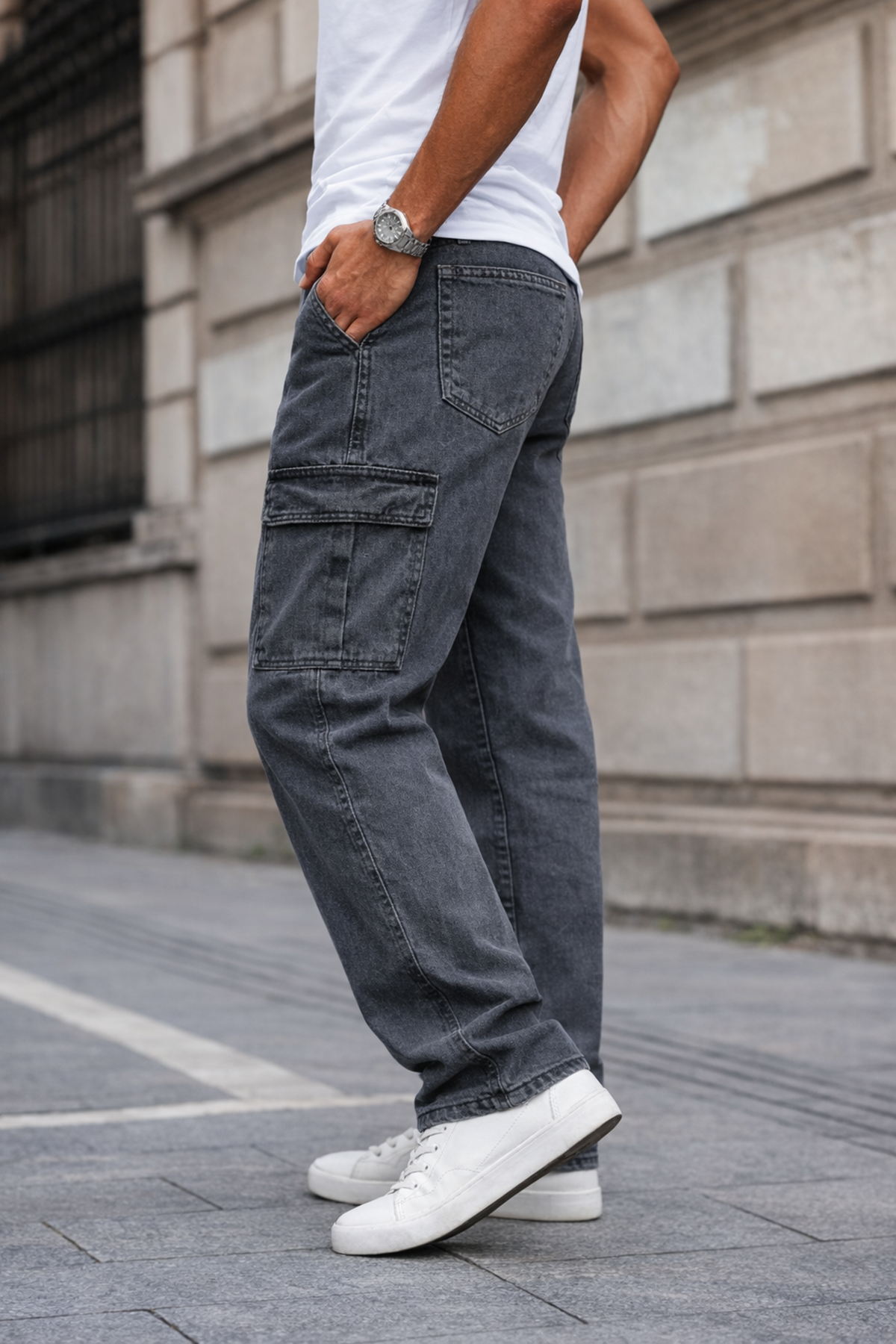 Erkek Kargo Cepli Pamuklu Antrasit Baggy Pantolon