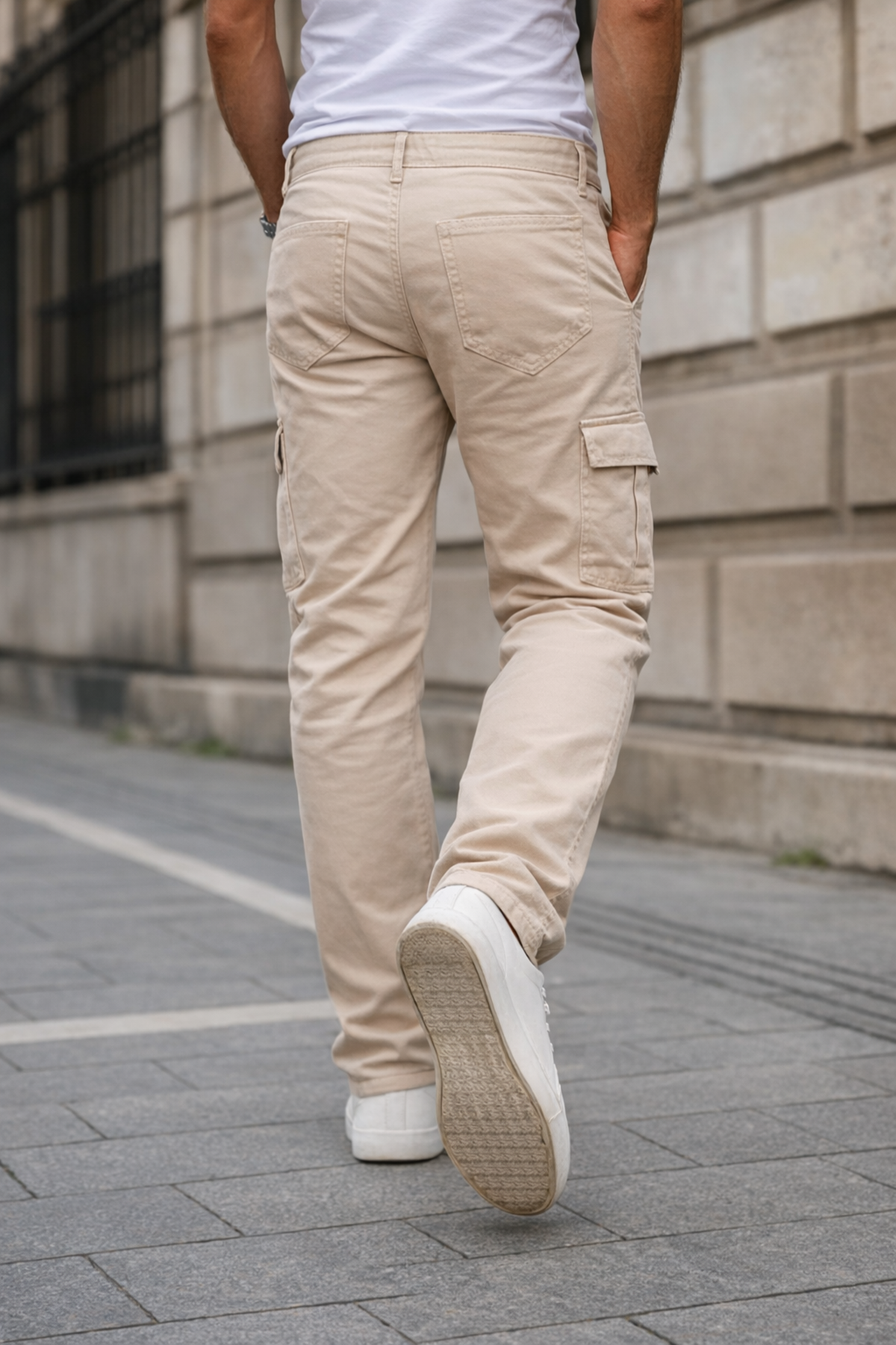 Erkek Kargo Cepli Pamuklu Bej Baggy Pantolon