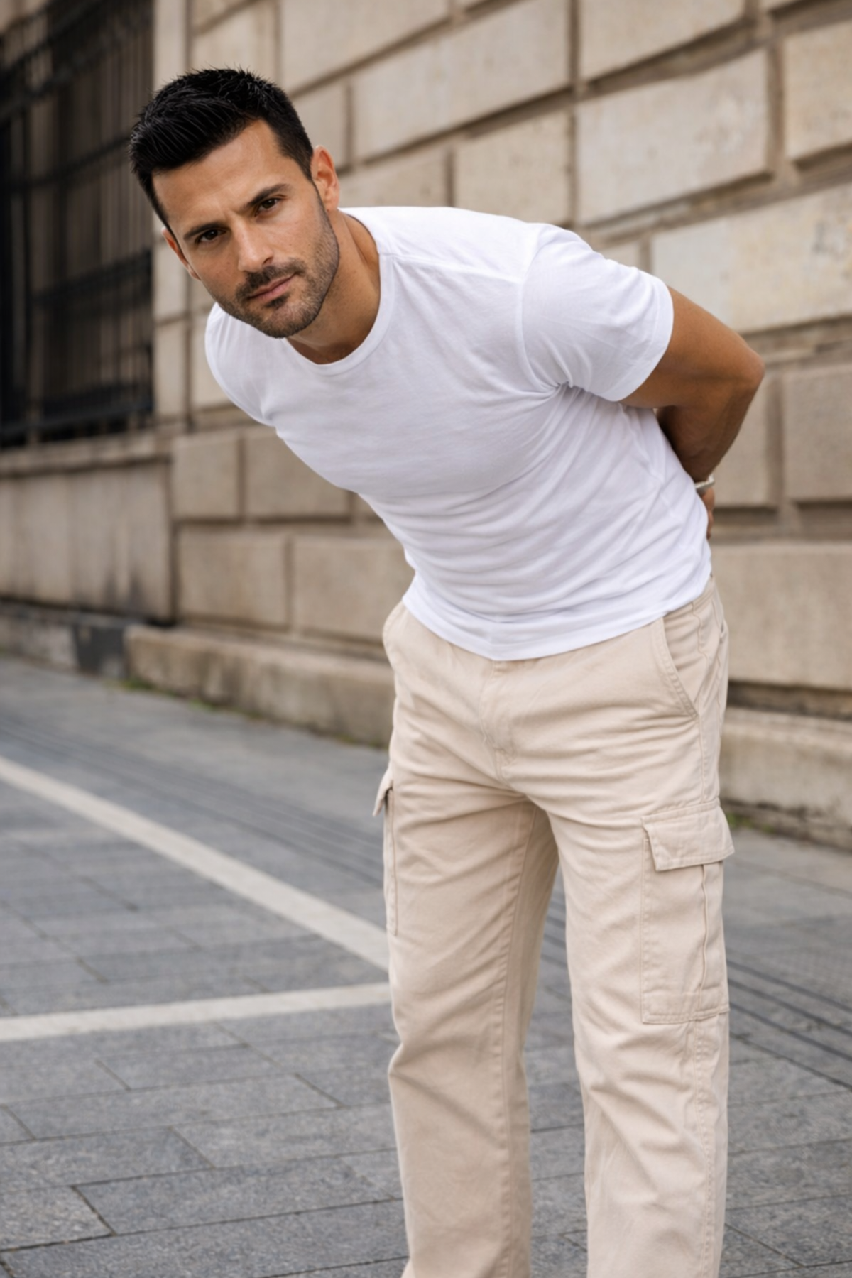Erkek Kargo Cepli Pamuklu Bej Baggy Pantolon
