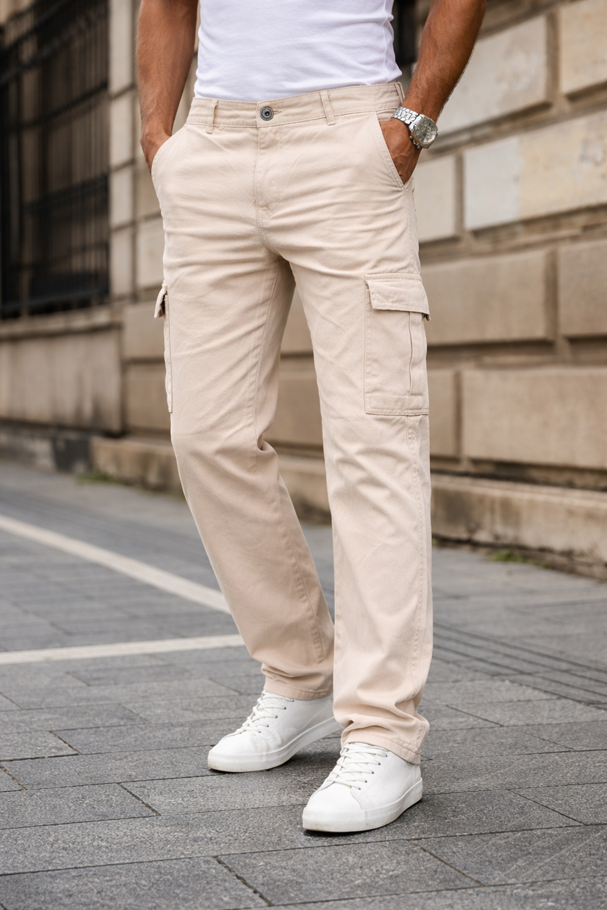 Erkek Kargo Cepli Pamuklu Bej Baggy Pantolon