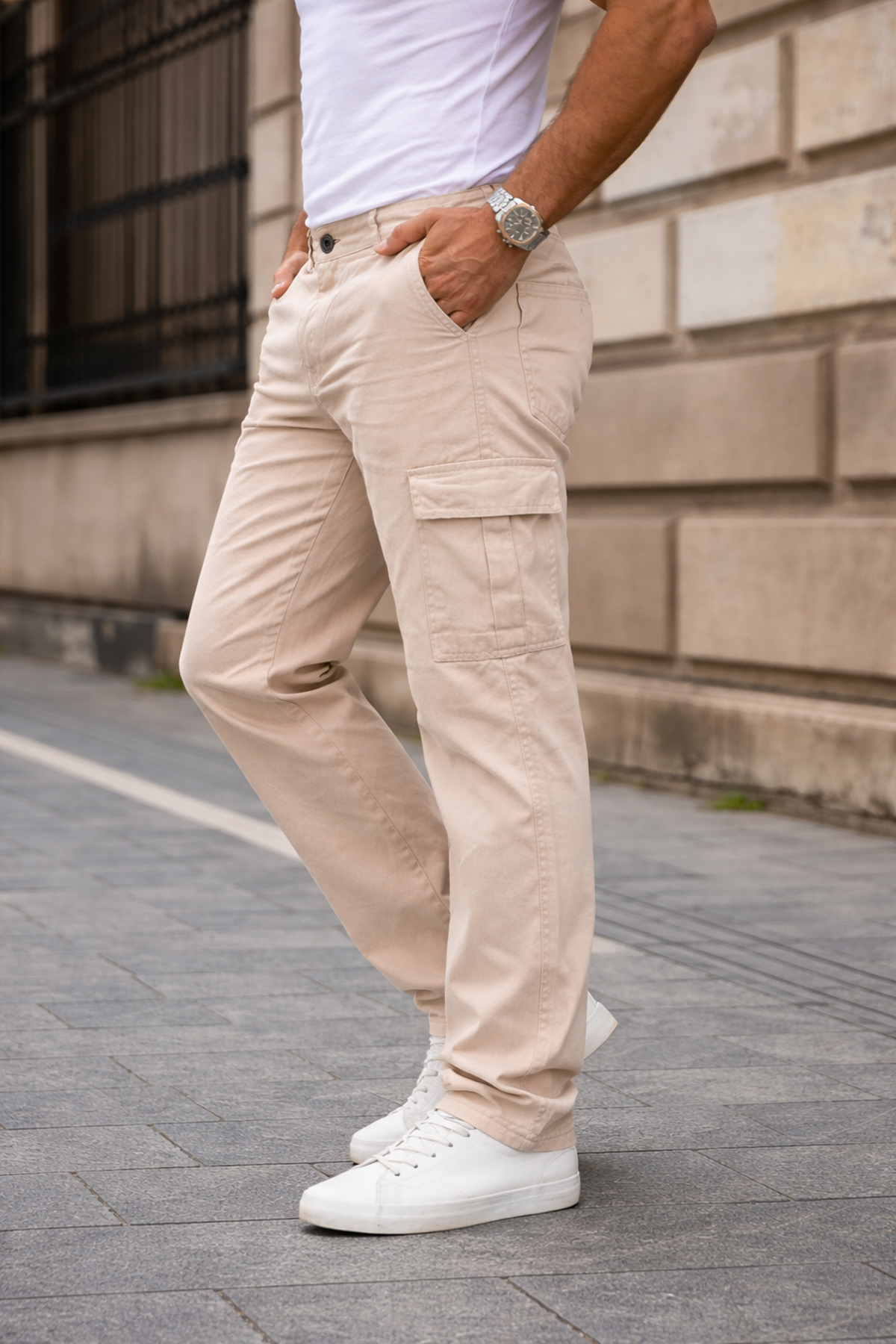 Erkek Kargo Cepli Pamuklu Bej Baggy Pantolon