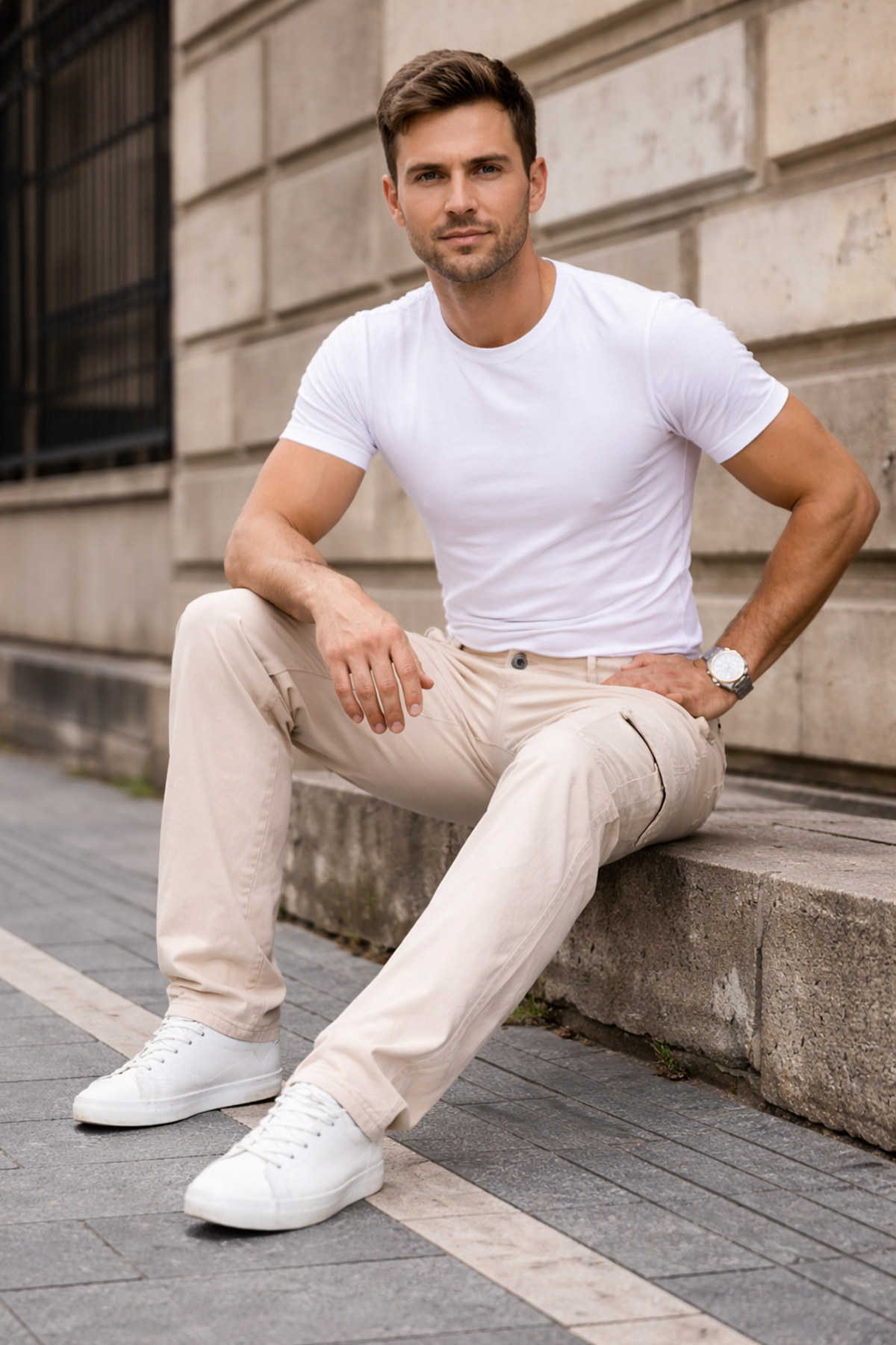 Erkek Kargo Cepli Pamuklu Bej Baggy Pantolon