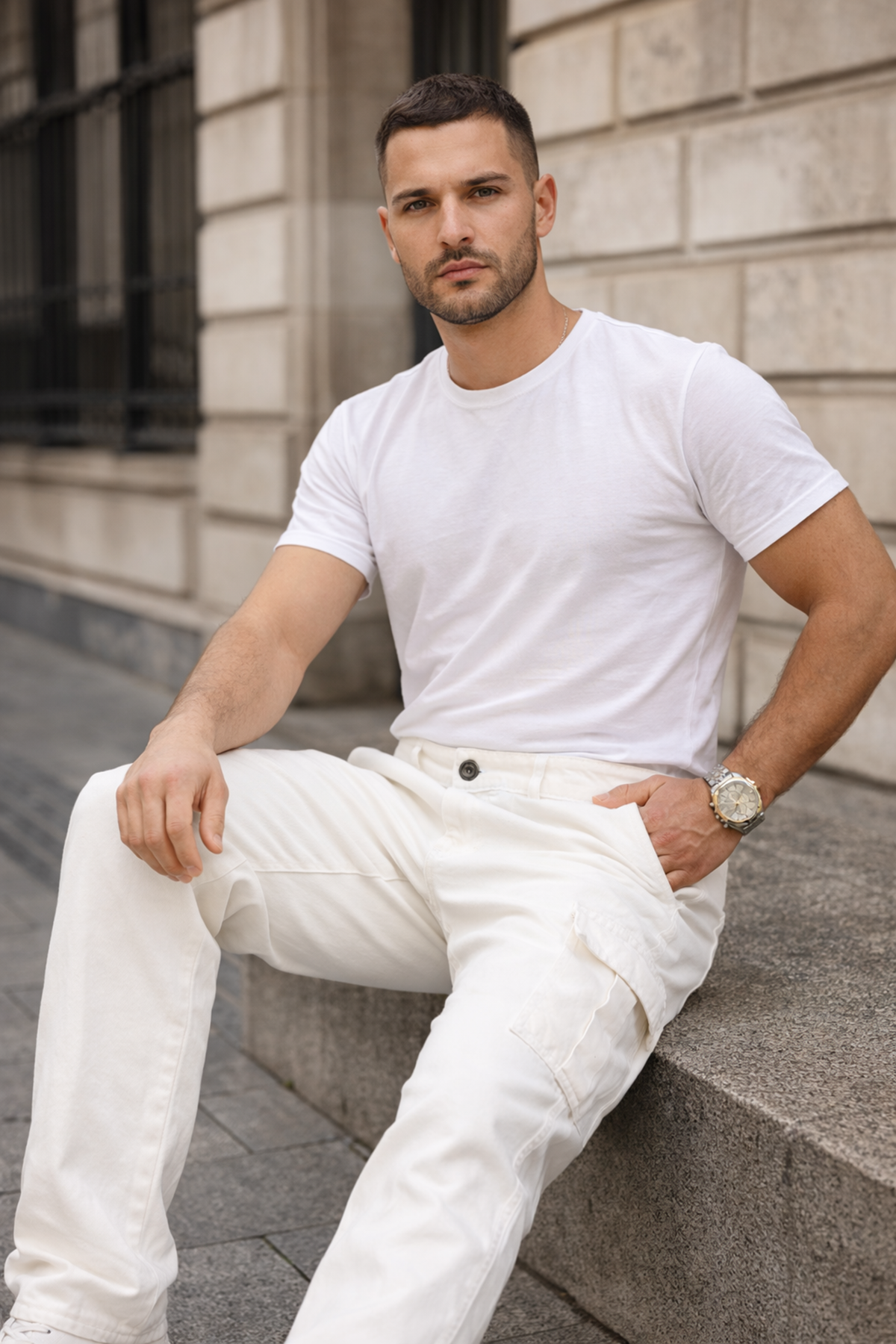 Erkek Kargo Cepli Pamuklu Beyaz Baggy Pantolon