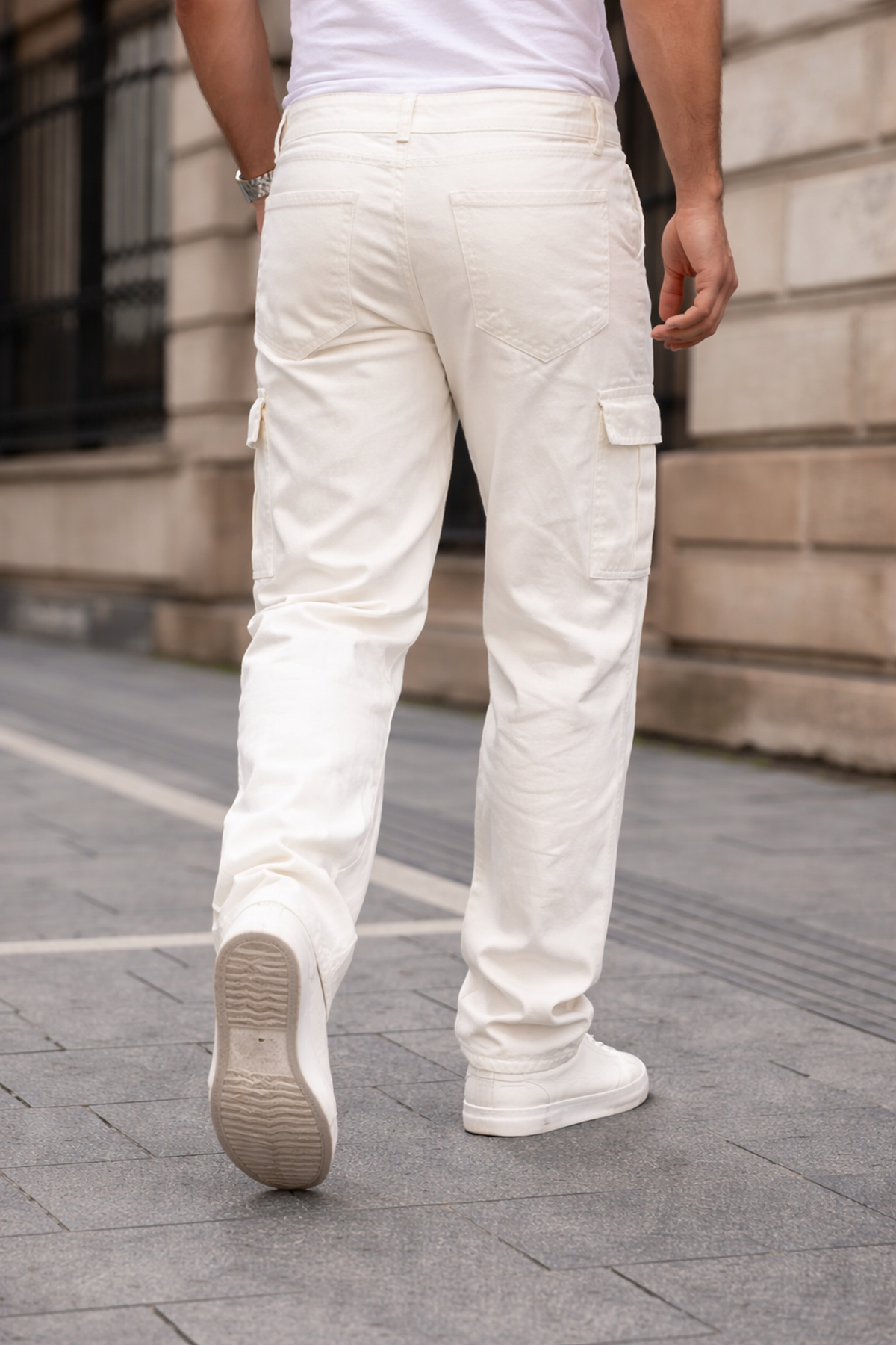 Erkek Kargo Cepli Pamuklu Beyaz Baggy Pantolon