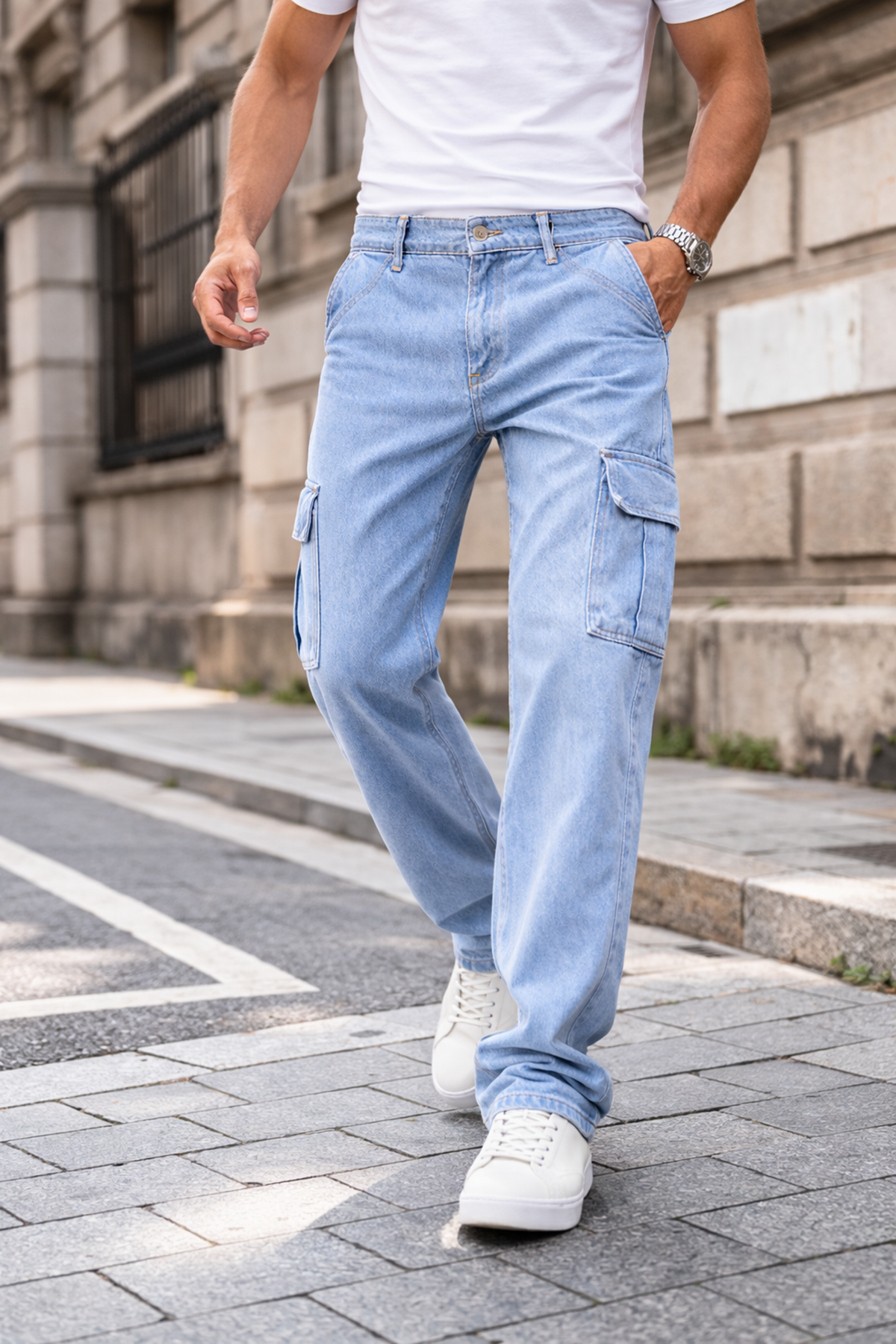 Erkek Kargo Cepli Pamuklu B.Mavi Baggy Pantolon