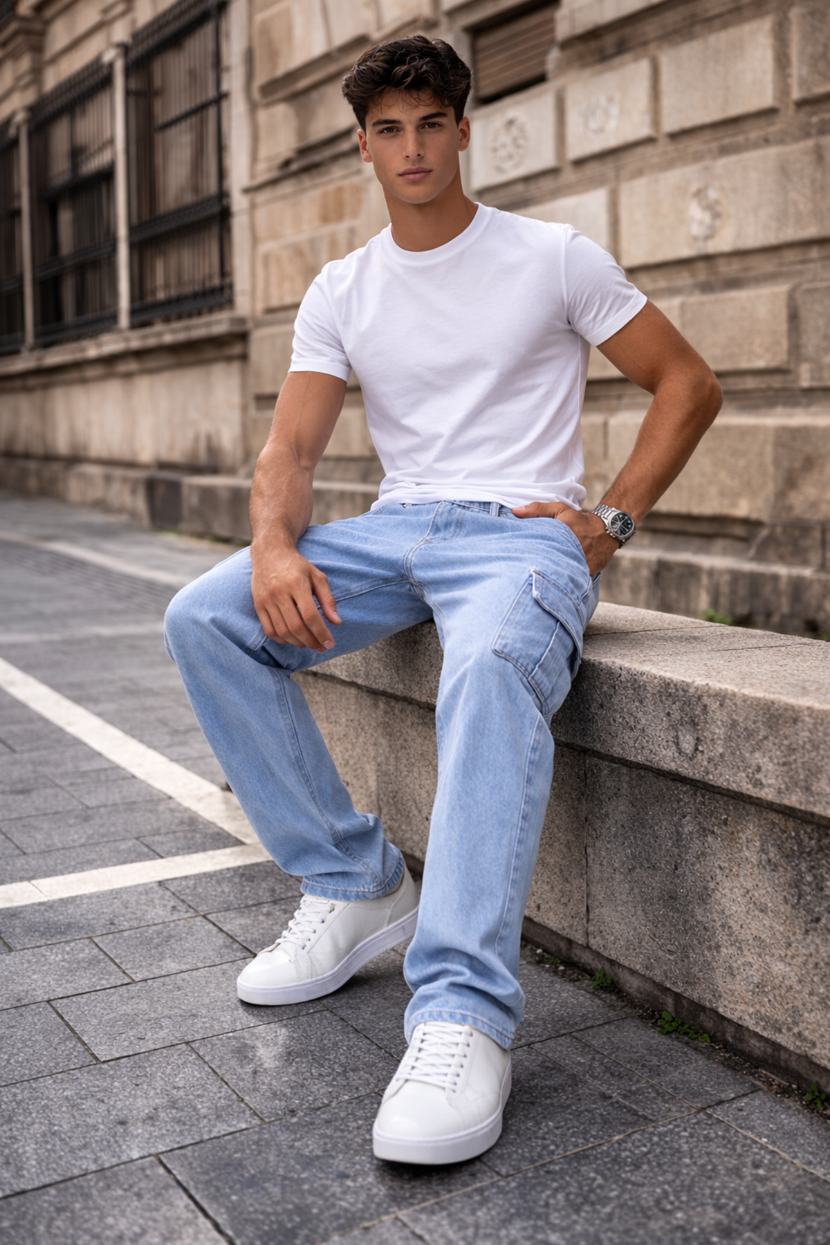 Erkek Kargo Cepli Pamuklu B.Mavi Baggy Pantolon