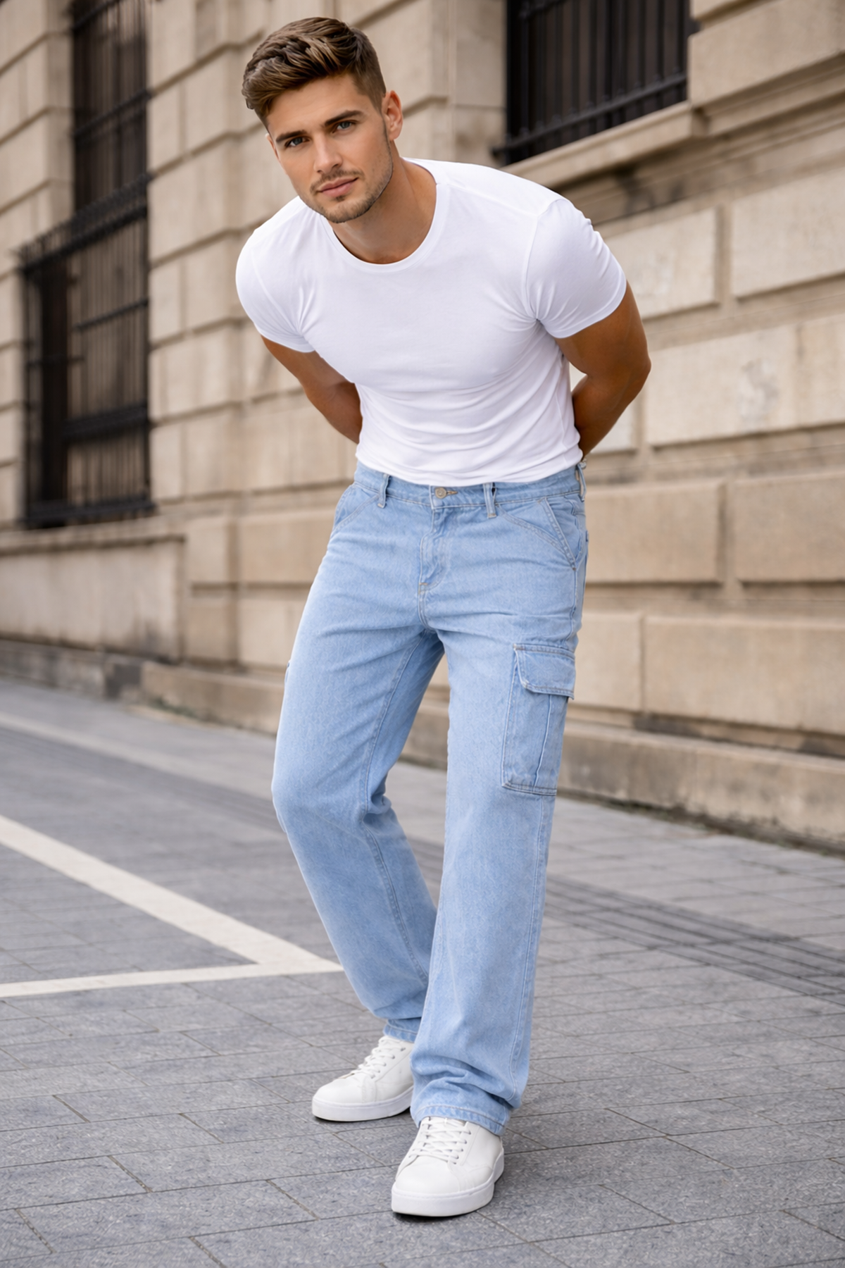 Erkek Kargo Cepli Pamuklu B.Mavi Baggy Pantolon