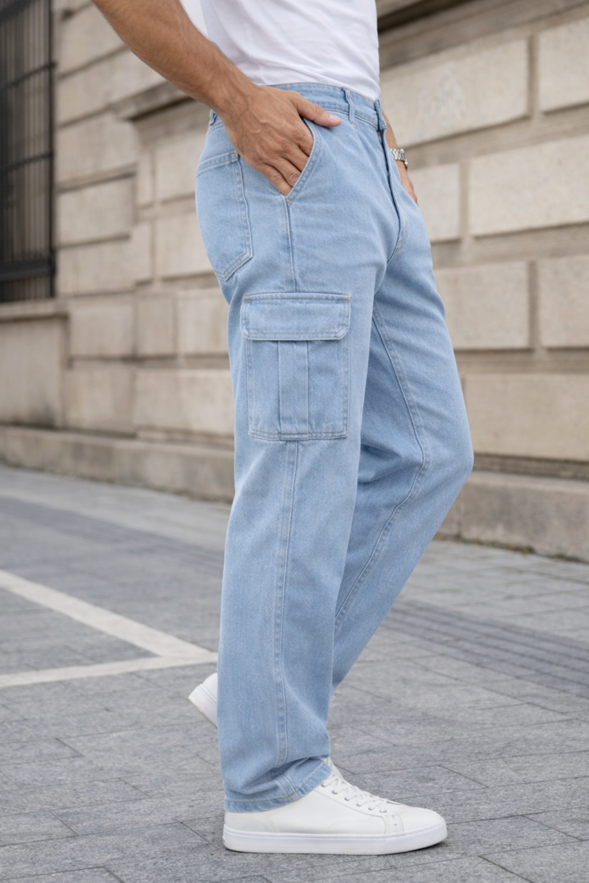 Erkek Kargo Cepli Pamuklu B.Mavi Baggy Pantolon