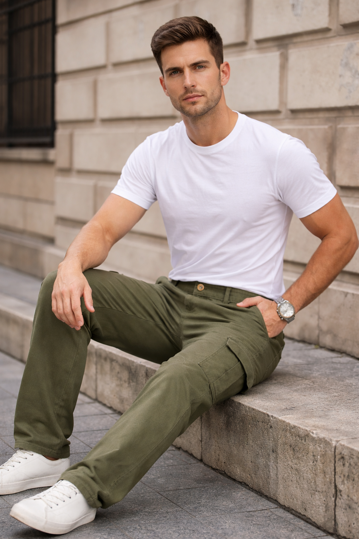 Erkek Kargo Cepli Pamuklu Haki Baggy Pantolon