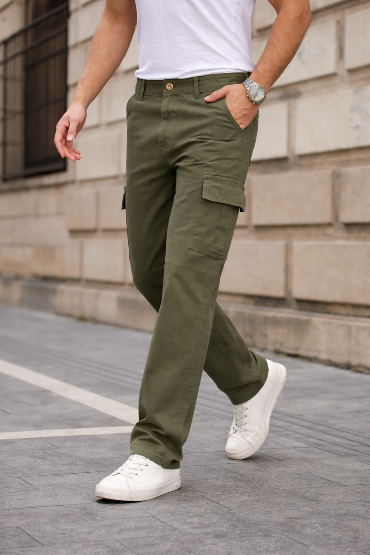 Erkek Kargo Cepli Pamuklu Haki Baggy Pantolon