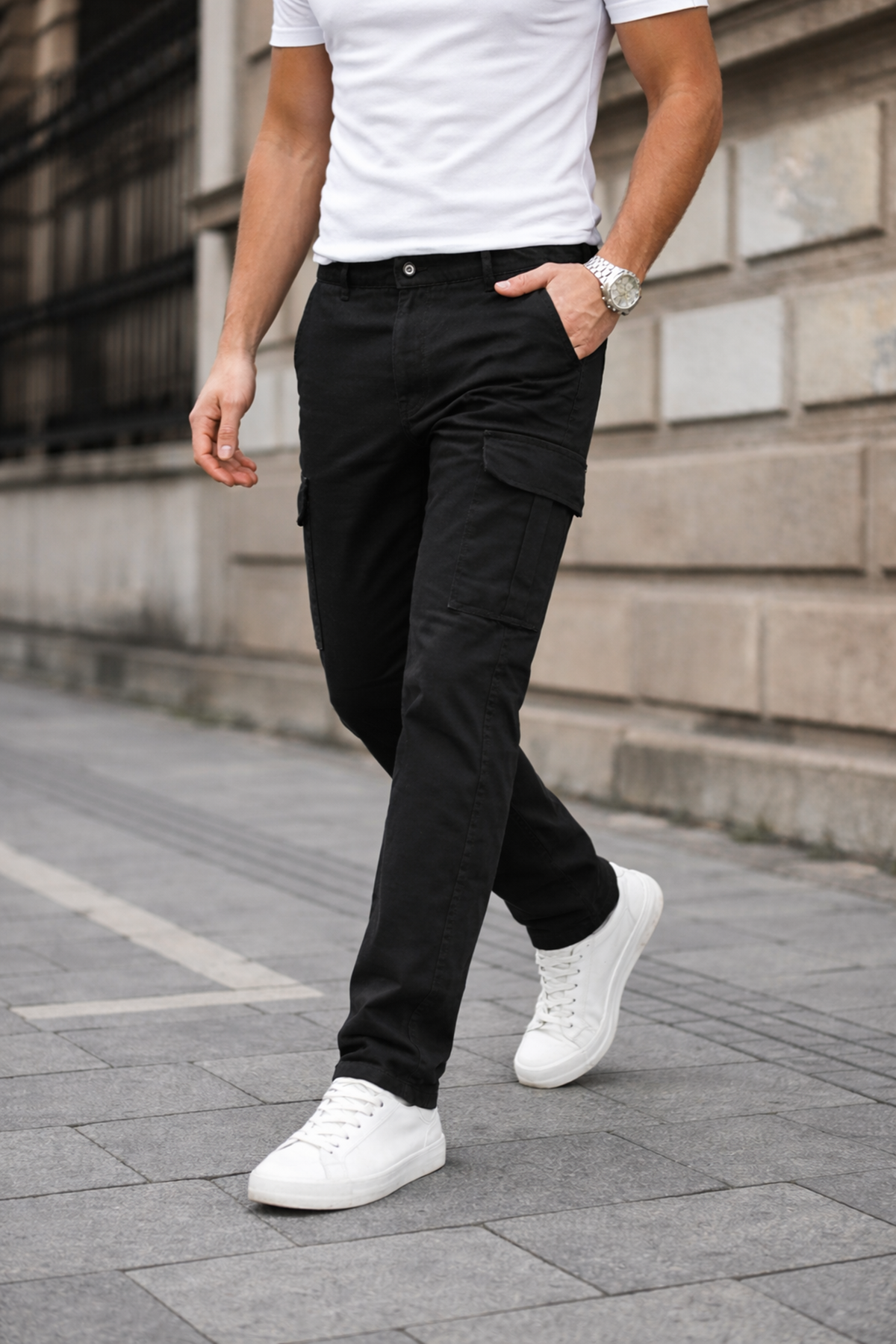 Erkek Kargo Cepli Pamuklu Siyah Baggy Pantolon