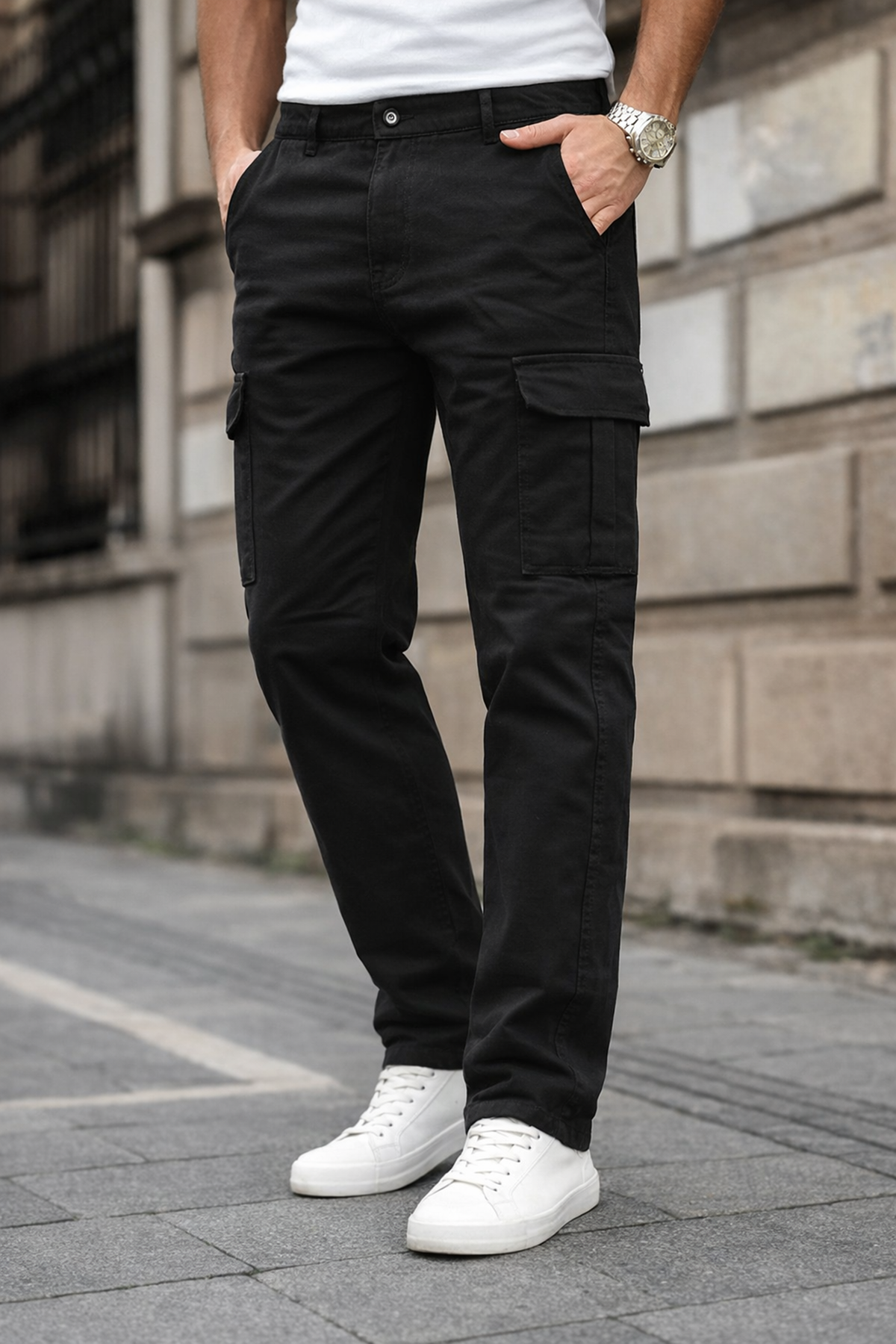 Erkek Kargo Cepli Pamuklu Siyah Baggy Pantolon