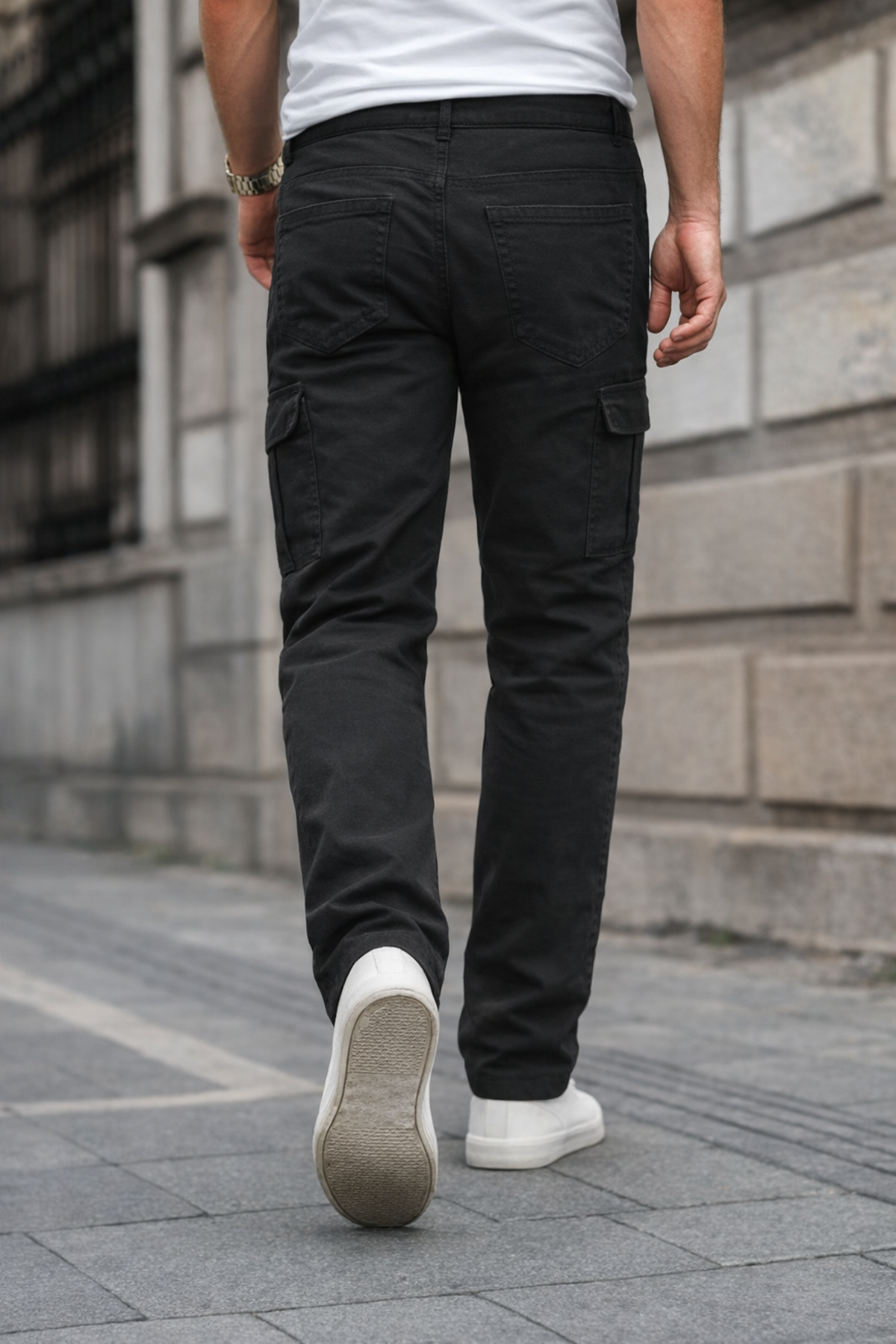 Erkek Kargo Cepli Pamuklu Siyah Baggy Pantolon