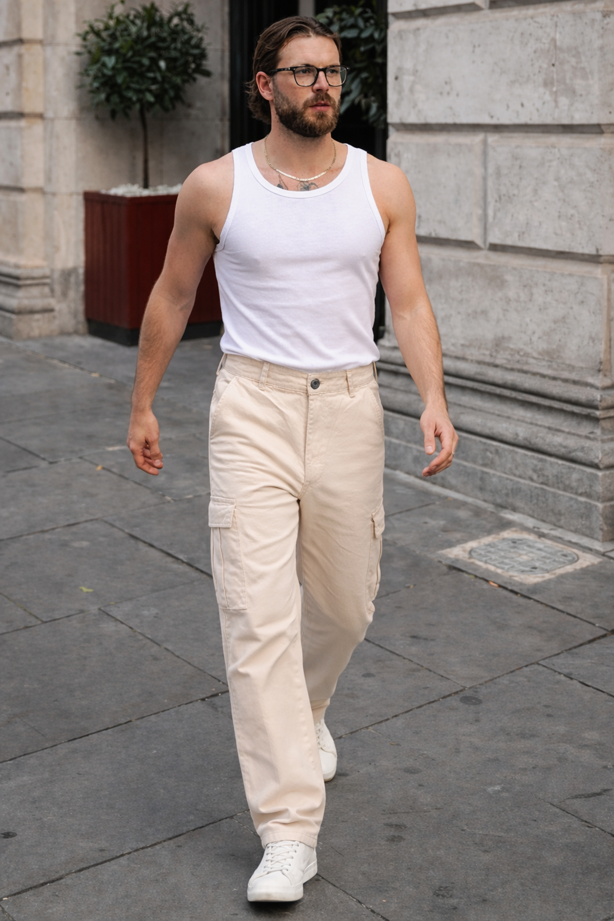 Erkek Günlük Kargo Cep Bej Baggy Pantolon