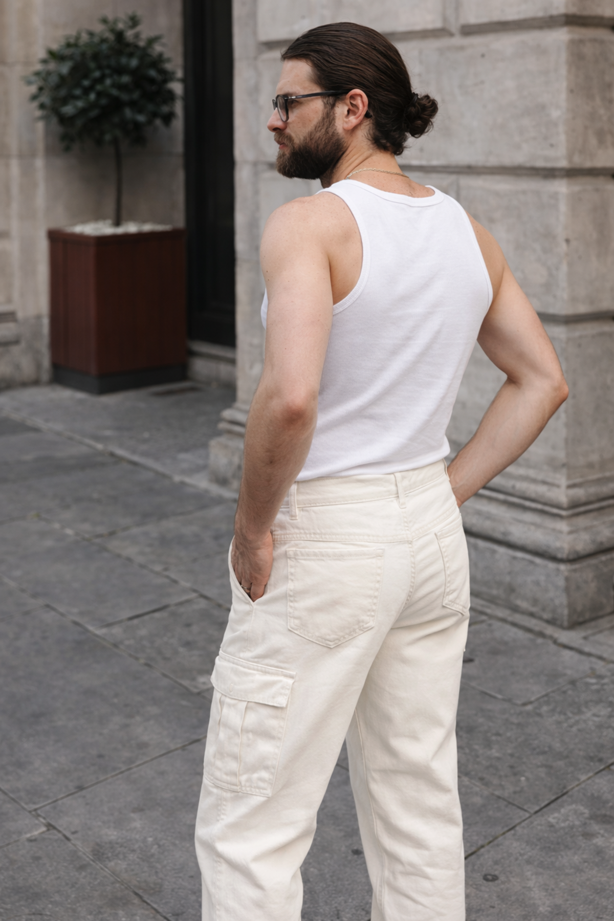 Erkek Günlük Kargo Cep Beyaz Baggy Pantolon