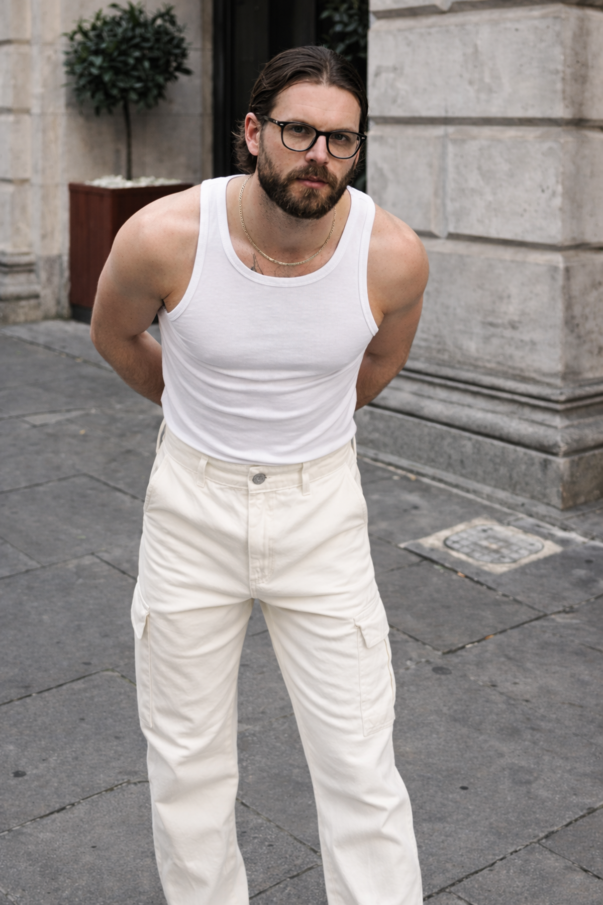 Erkek Günlük Kargo Cep Beyaz Baggy Pantolon