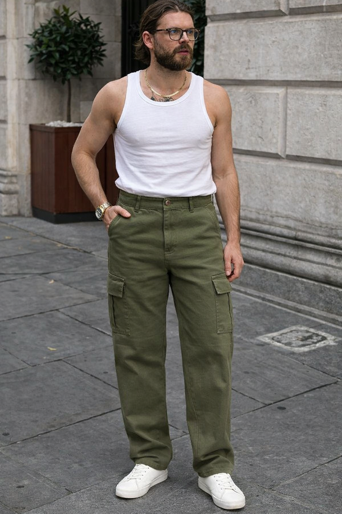 Erkek Günlük Kargo Cep Haki Baggy Pantolon