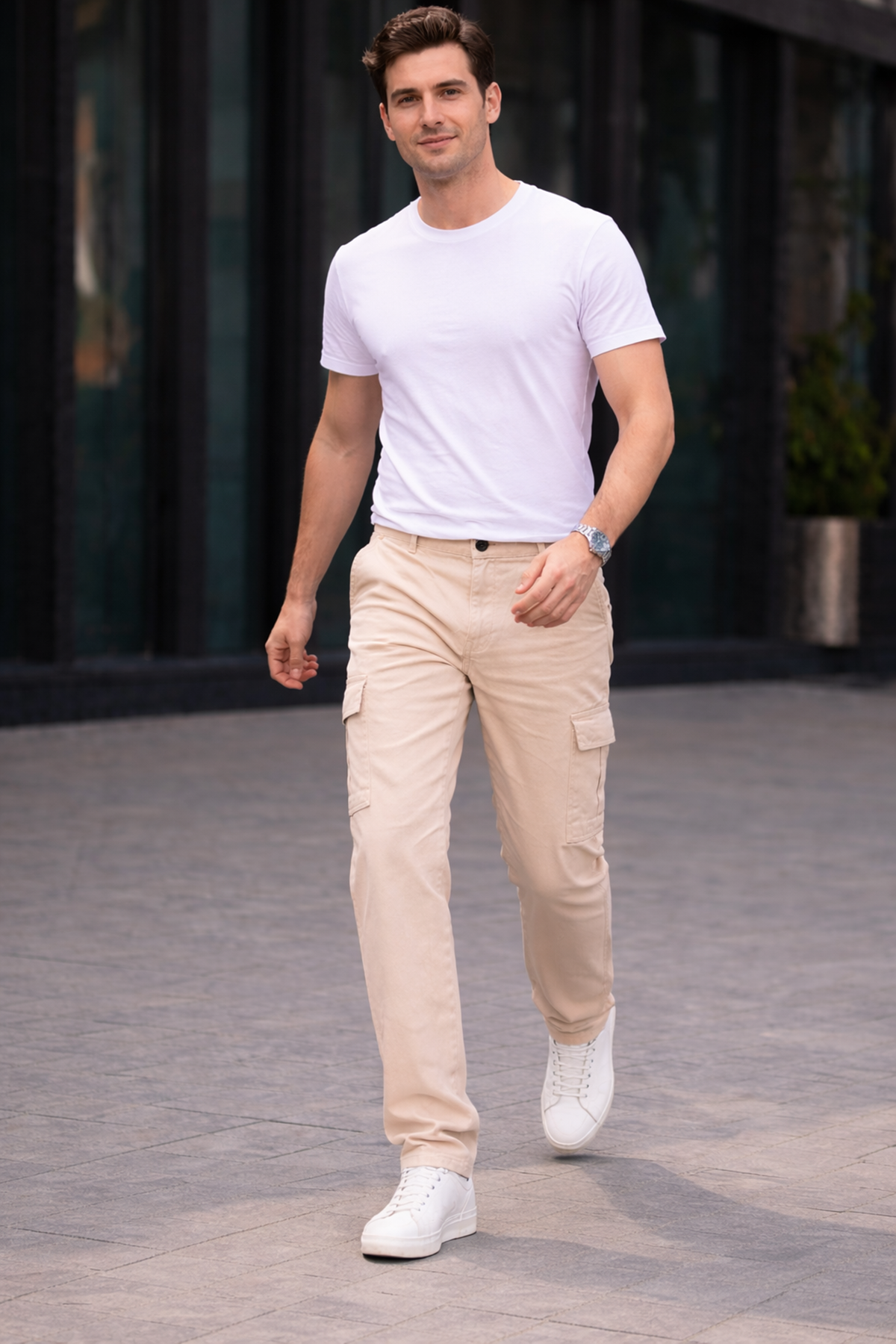 Erkek Trend Bol Paça Günlük Kargo Bej Baggy Pantolon