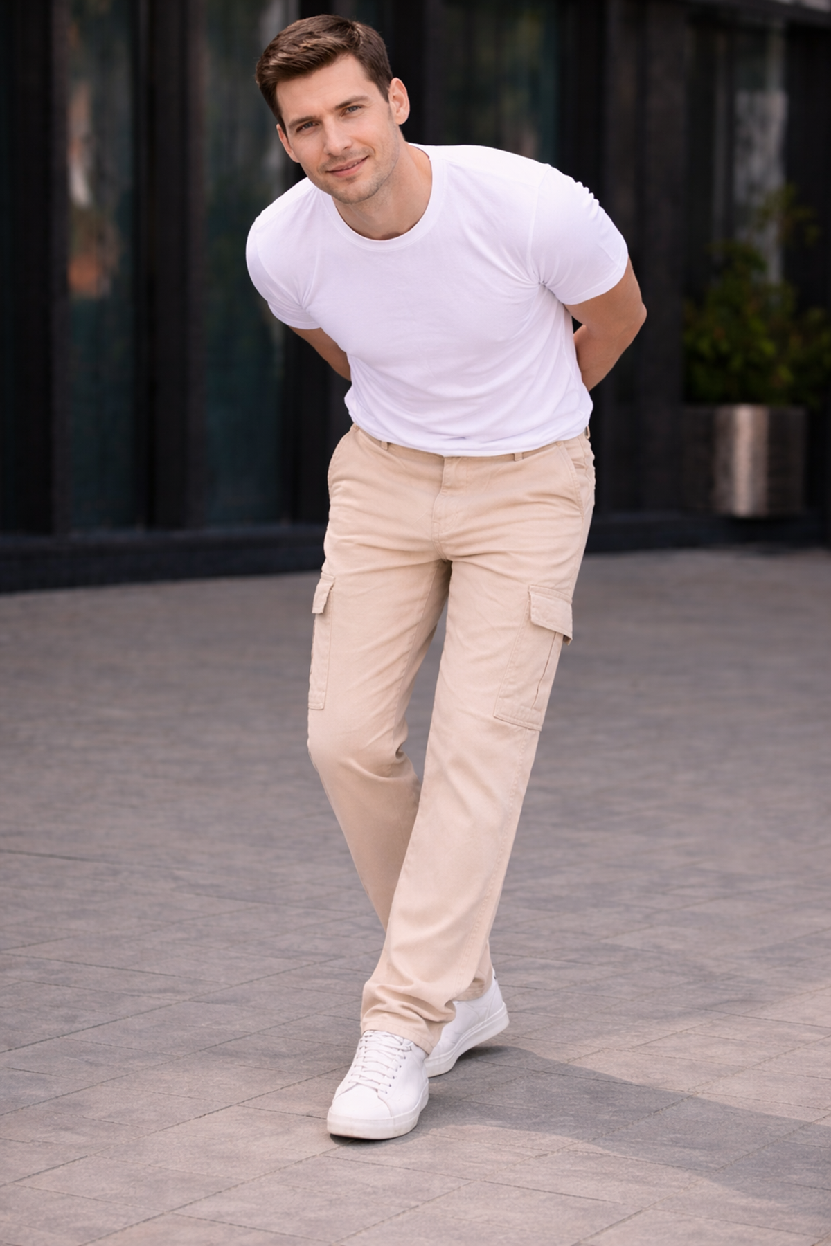 Erkek Trend Bol Paça Günlük Kargo Bej Baggy Pantolon