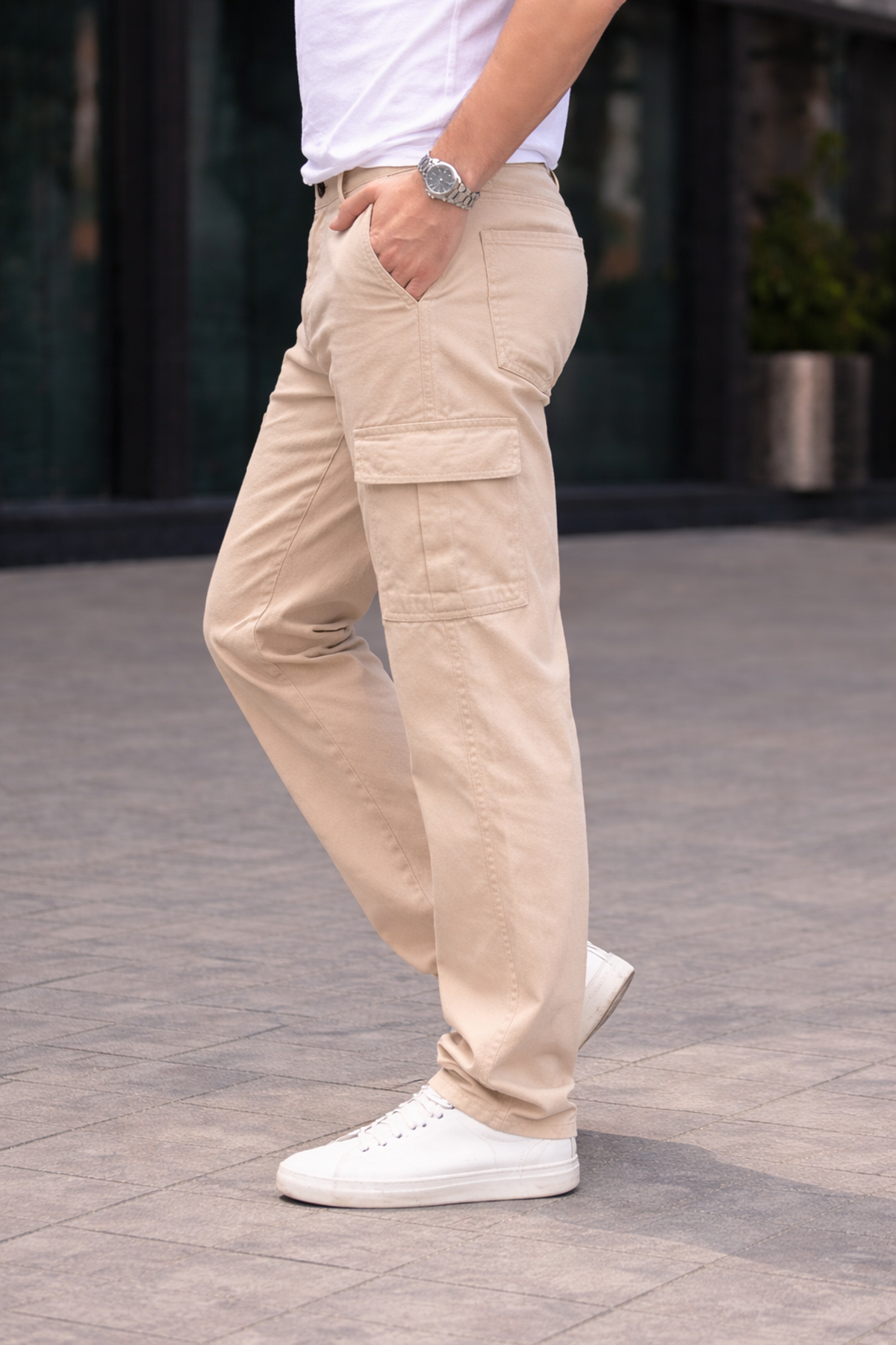 Erkek Trend Bol Paça Günlük Kargo Bej Baggy Pantolon