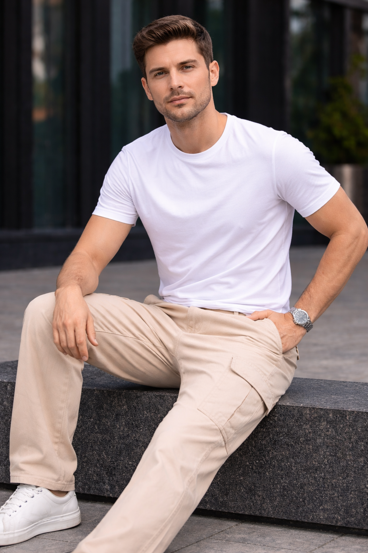 Erkek Trend Bol Paça Günlük Kargo Bej Baggy Pantolon