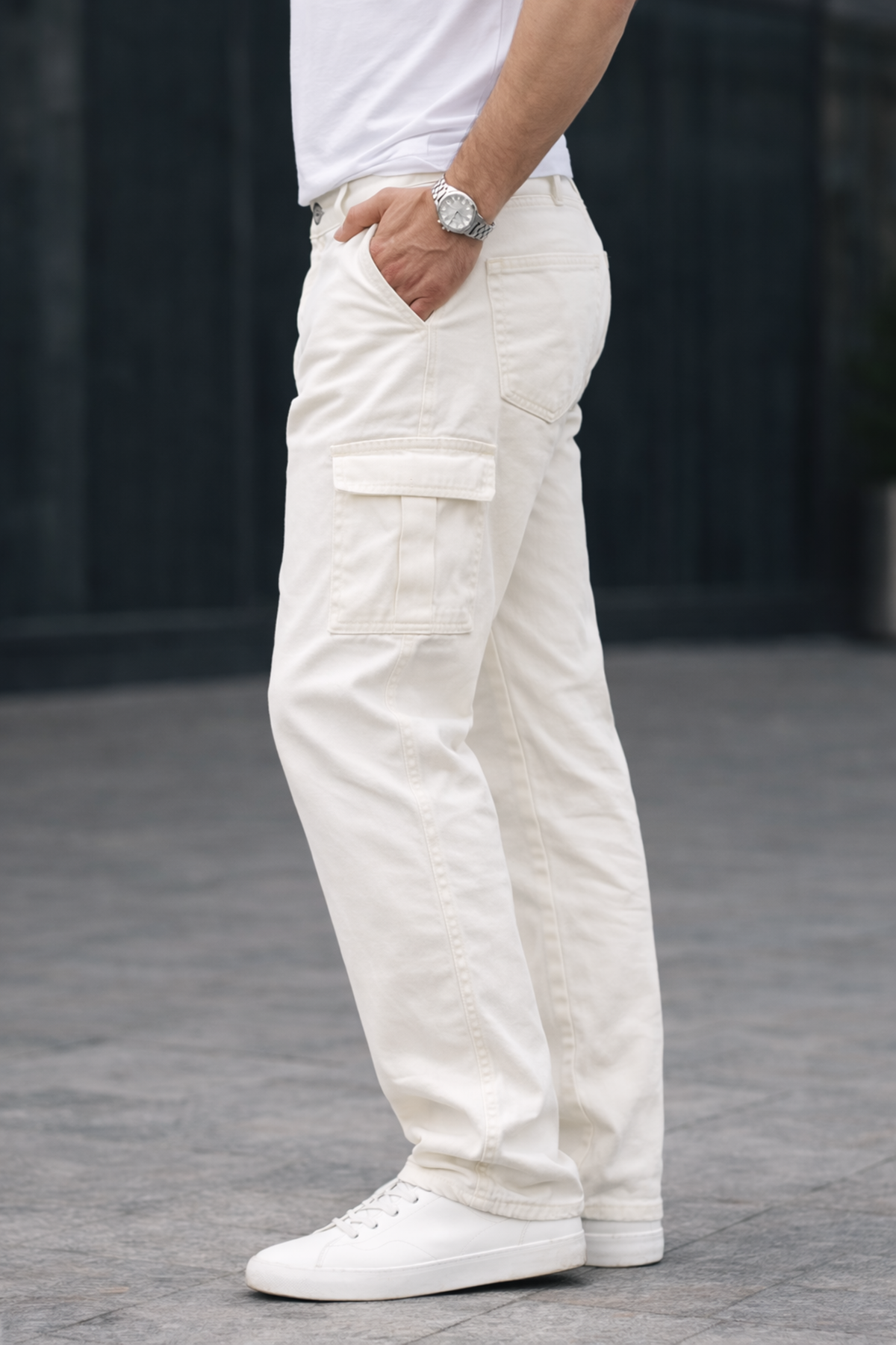 Erkek Trend Bol Paça Günlük Kargo Beyaz Baggy Pantolon