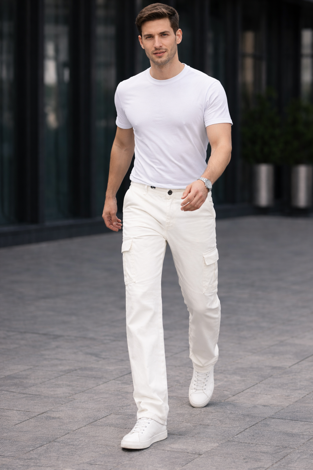 Erkek Trend Bol Paça Günlük Kargo Beyaz Baggy Pantolon